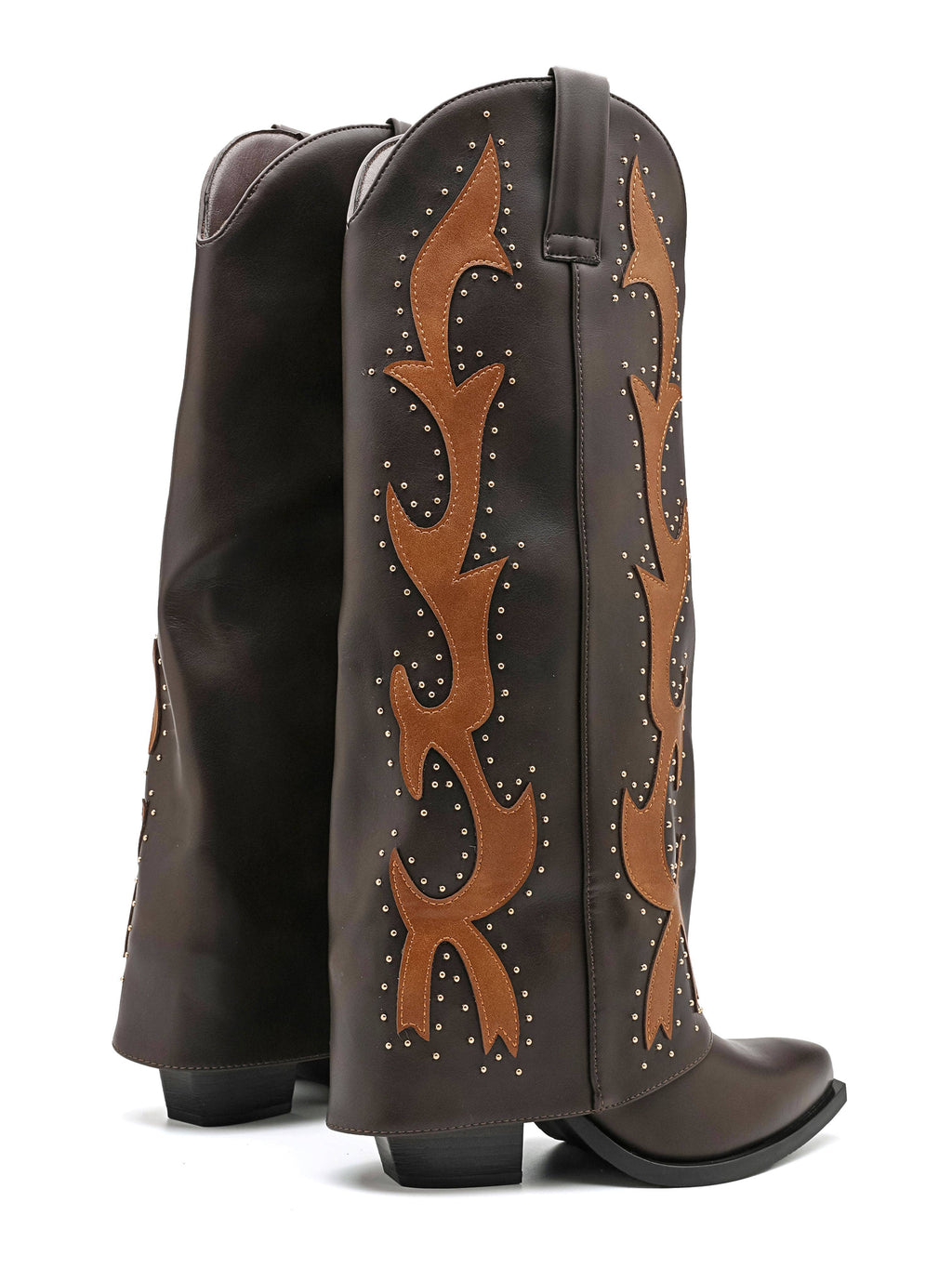 Flame Stud Western Knee Boots — Brown