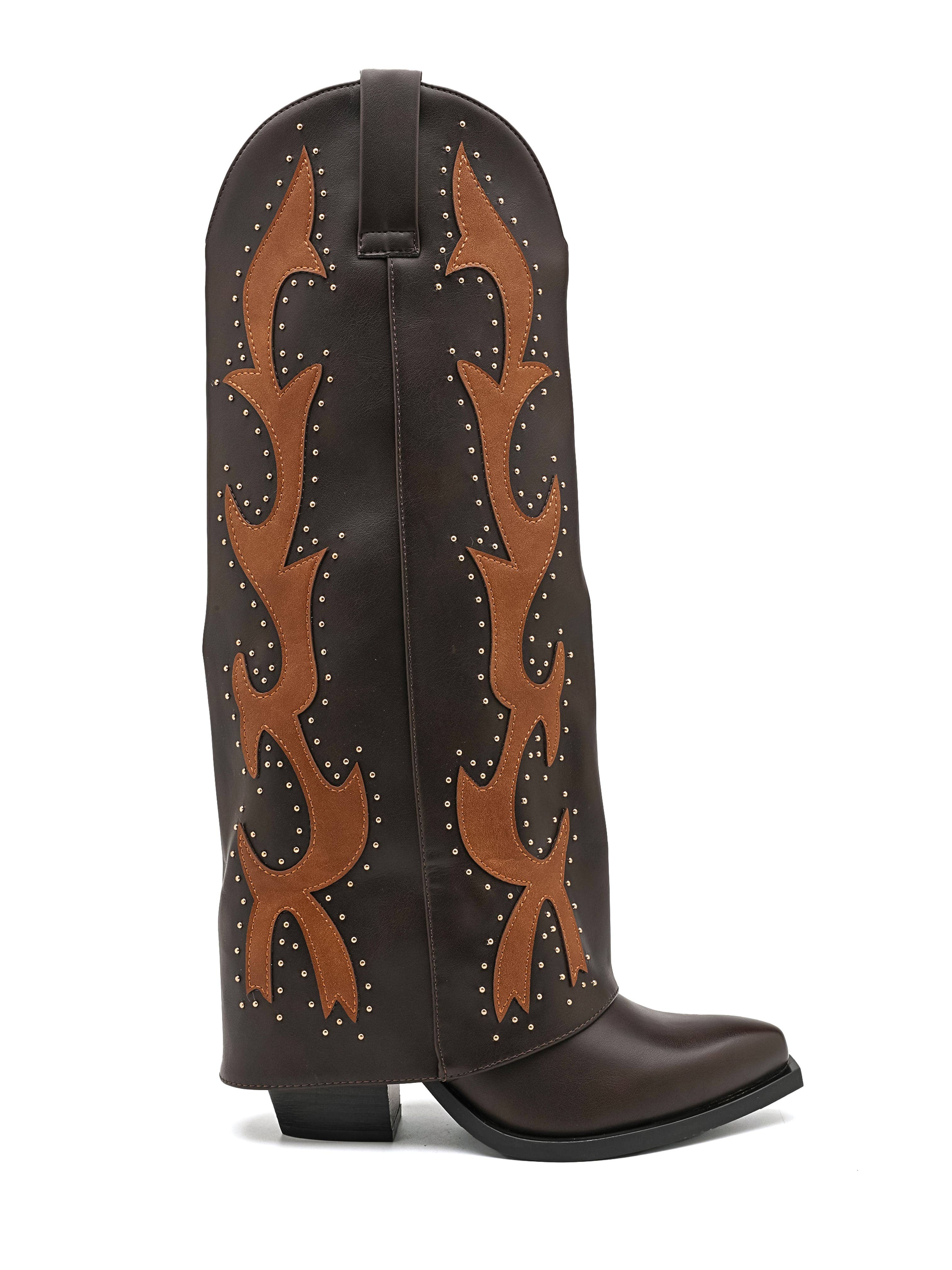 Flame Stud Western Knee Boots — Brown