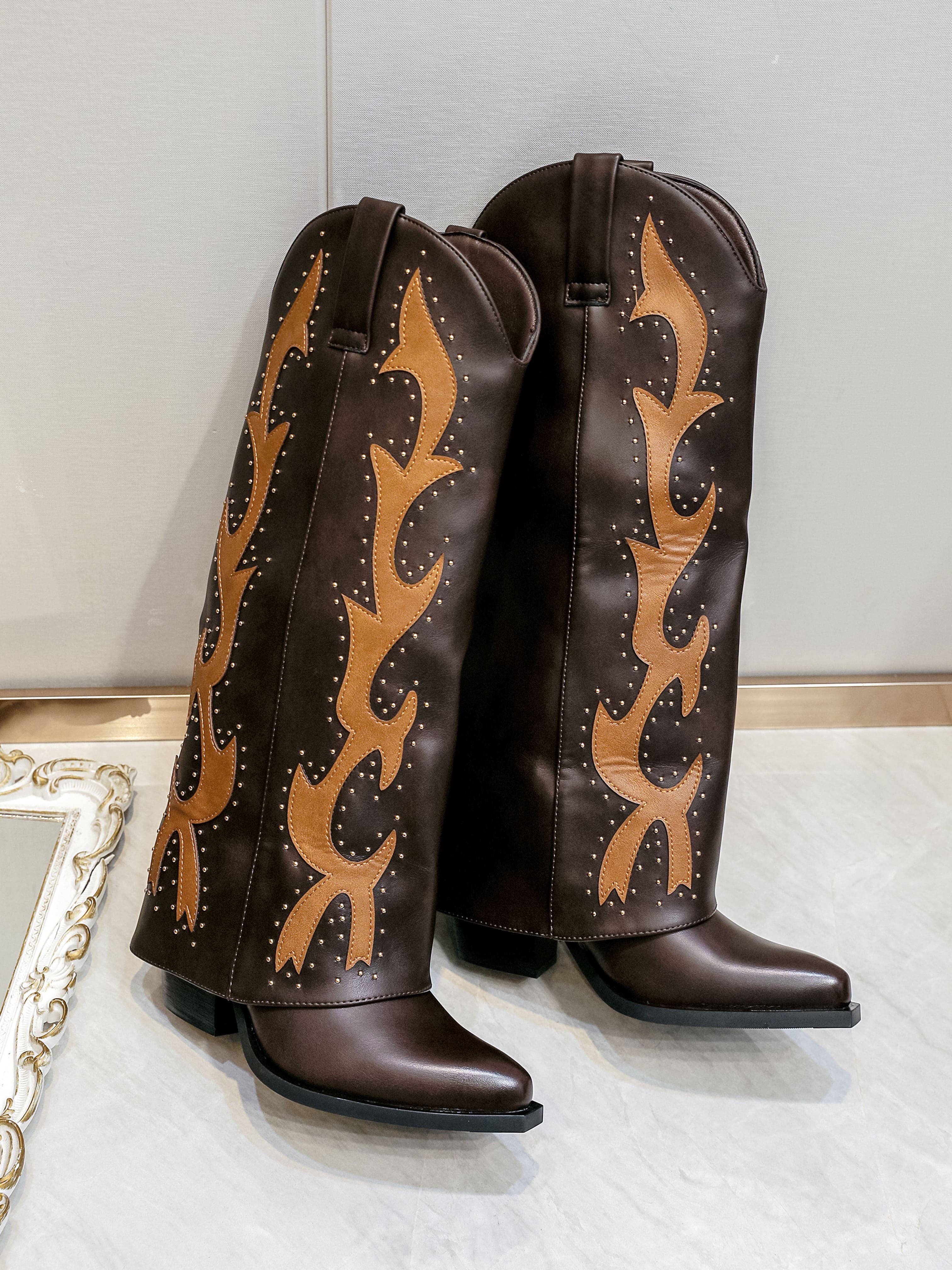 Flame Stud Western Knee Boots — Brown