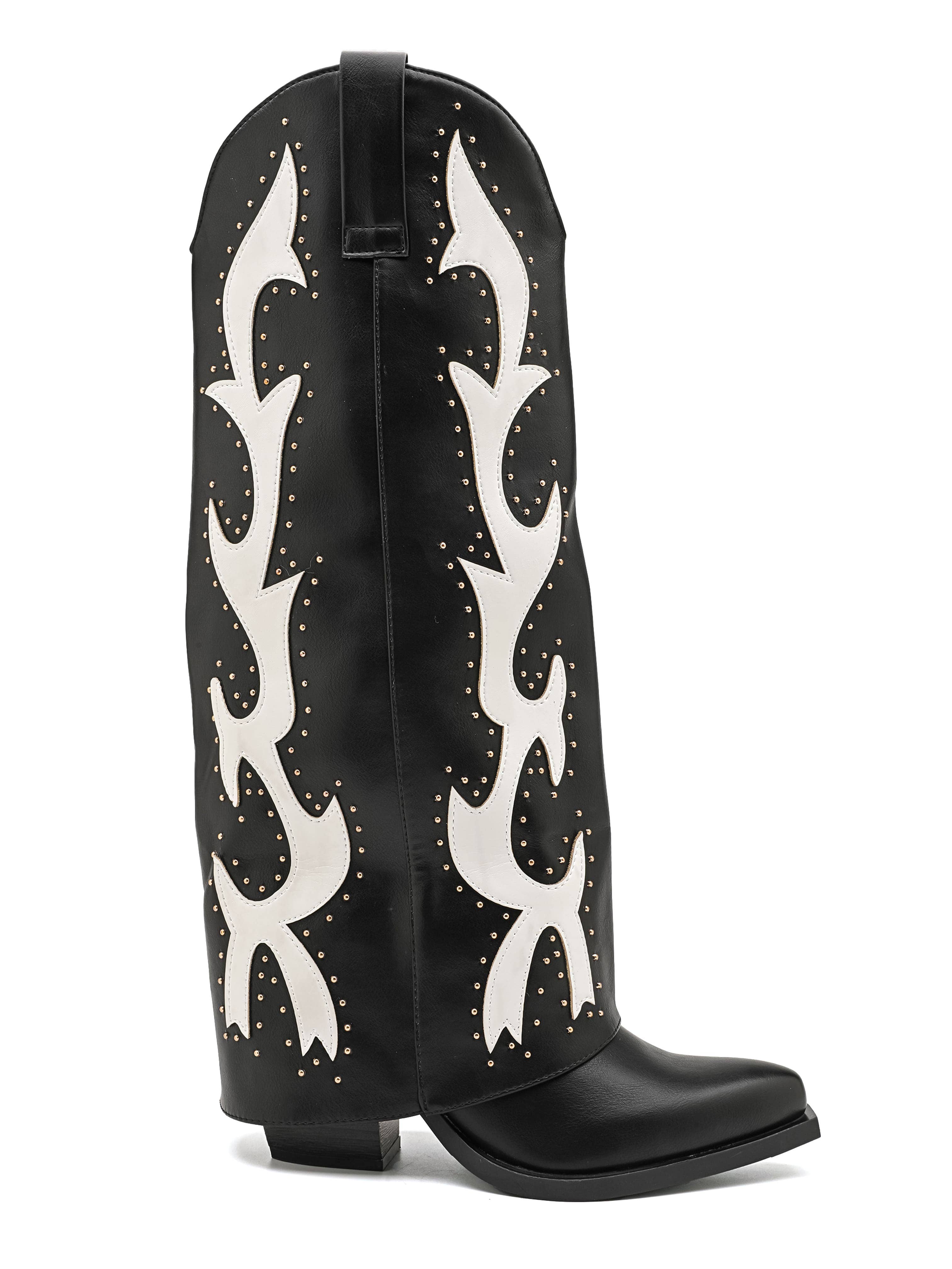 Flame Stud Western Knee Boots — Black