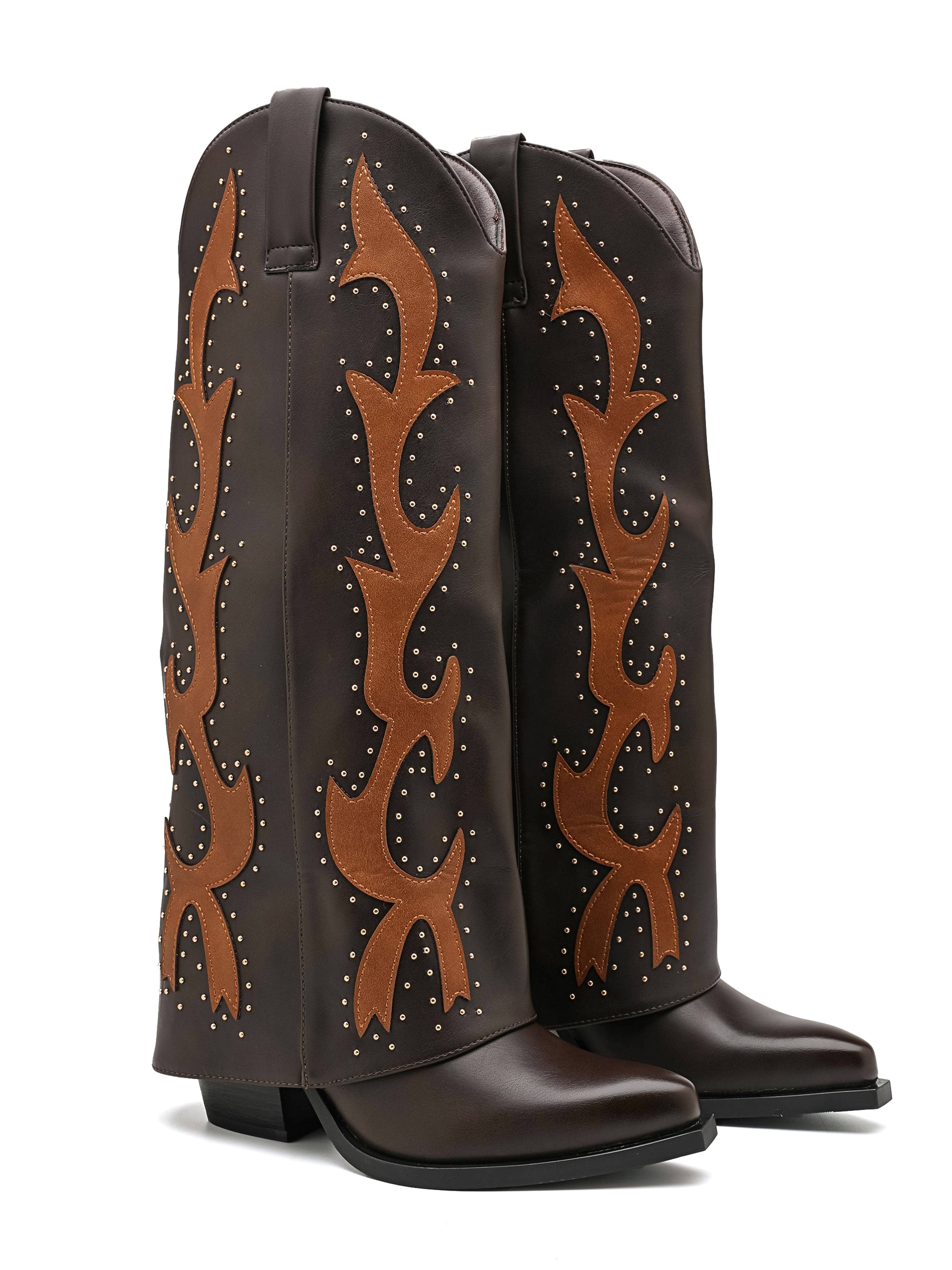 Flame Stud Western Knee Boots — Brown