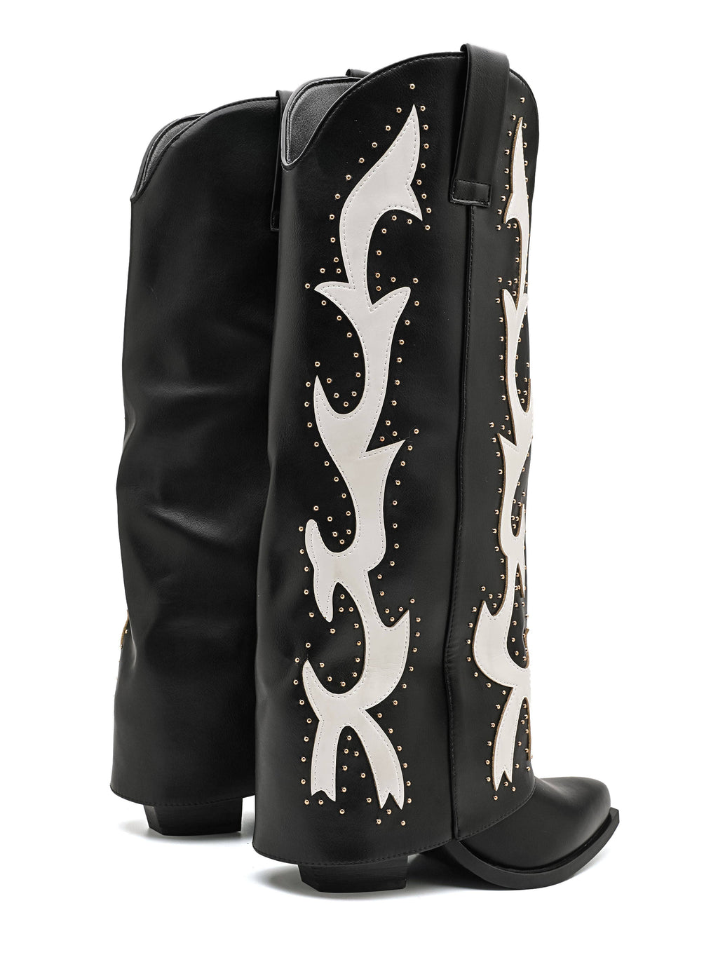 Flame Stud Western Knee Boots — Black