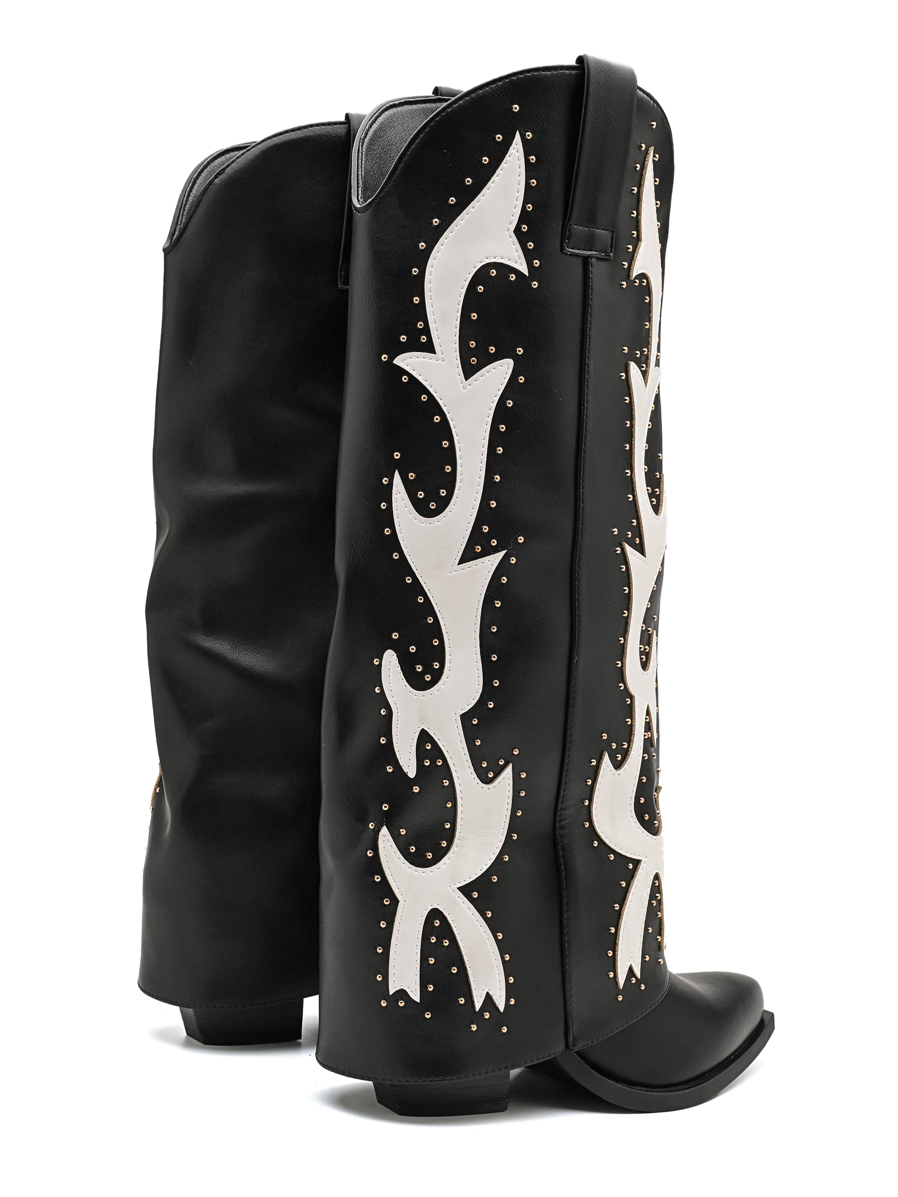 Flame Stud Western Knee Boots — Black