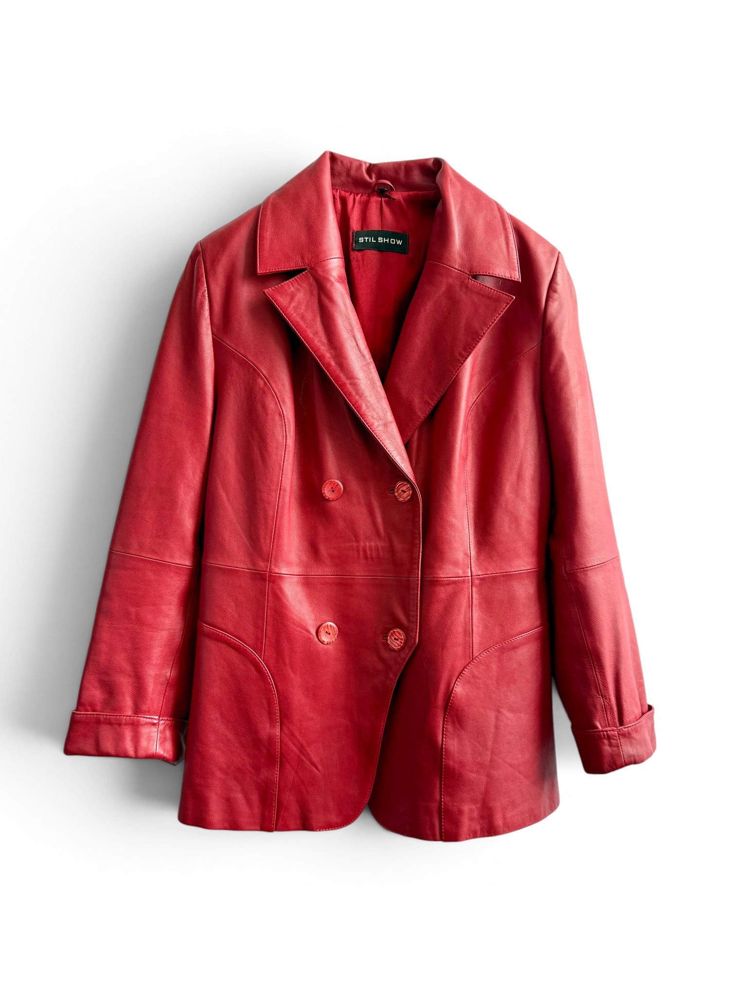 Vintage Long Red Leather Structured Coat