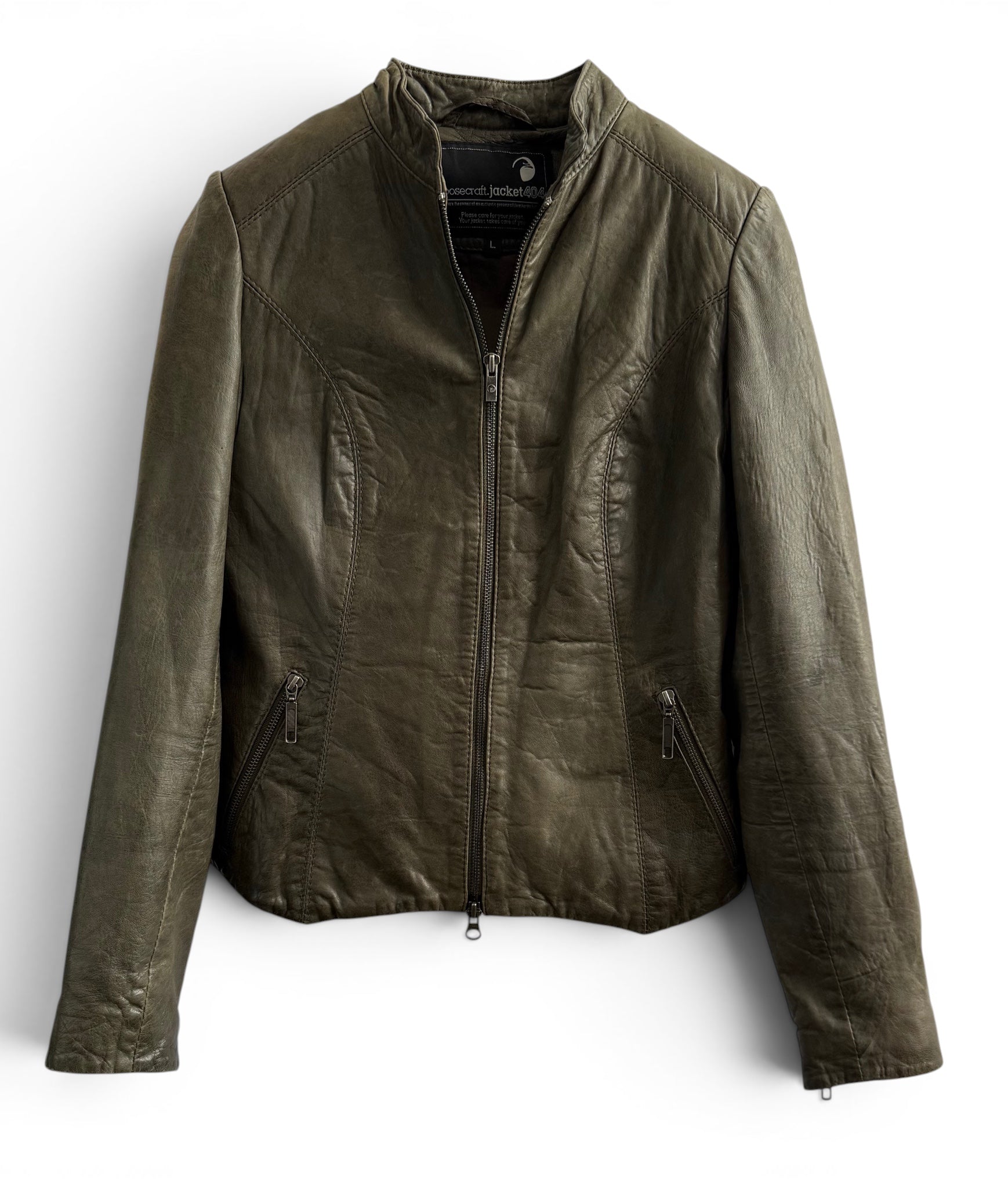 Vintage Green Leather Fitted Zip Jacket