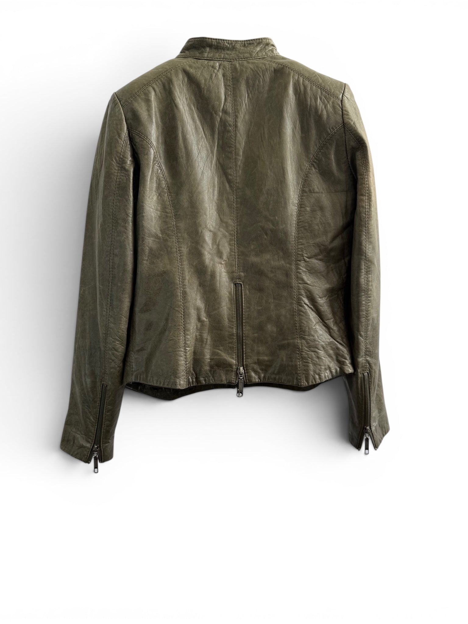 Vintage Green Leather Fitted Zip Jacket
