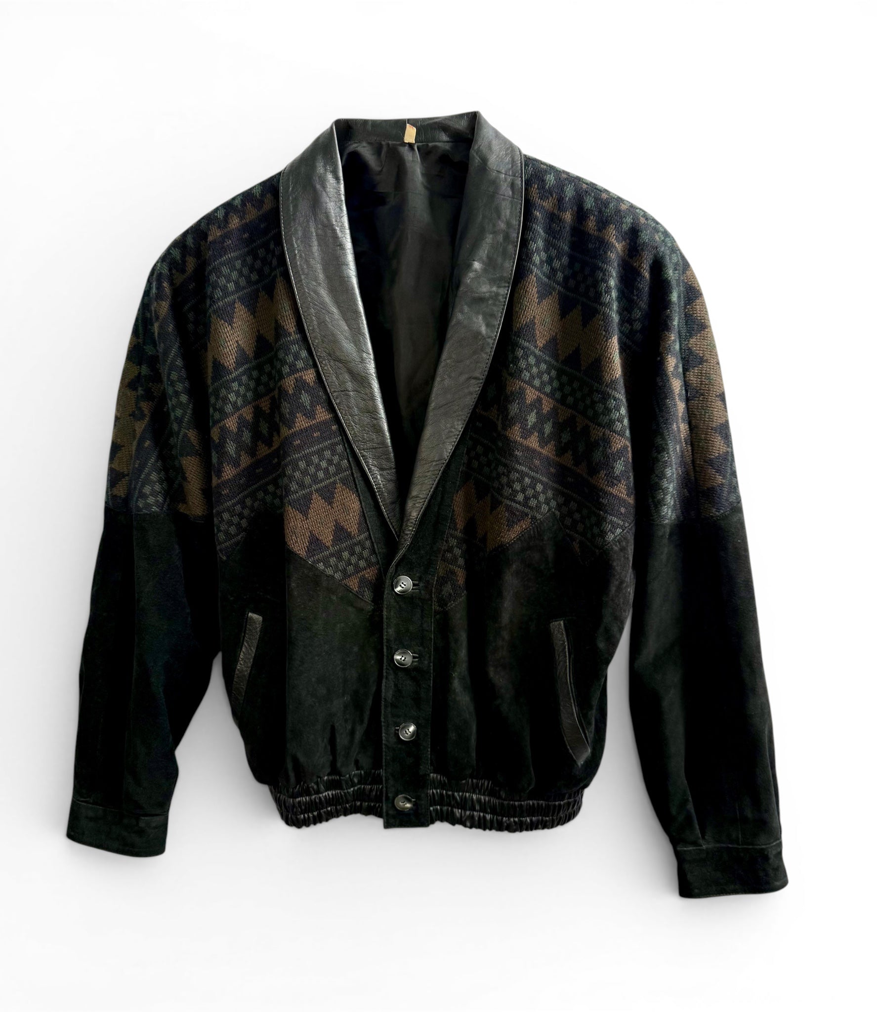 Vintage Leather and Knit Geometric Pattern Jacket