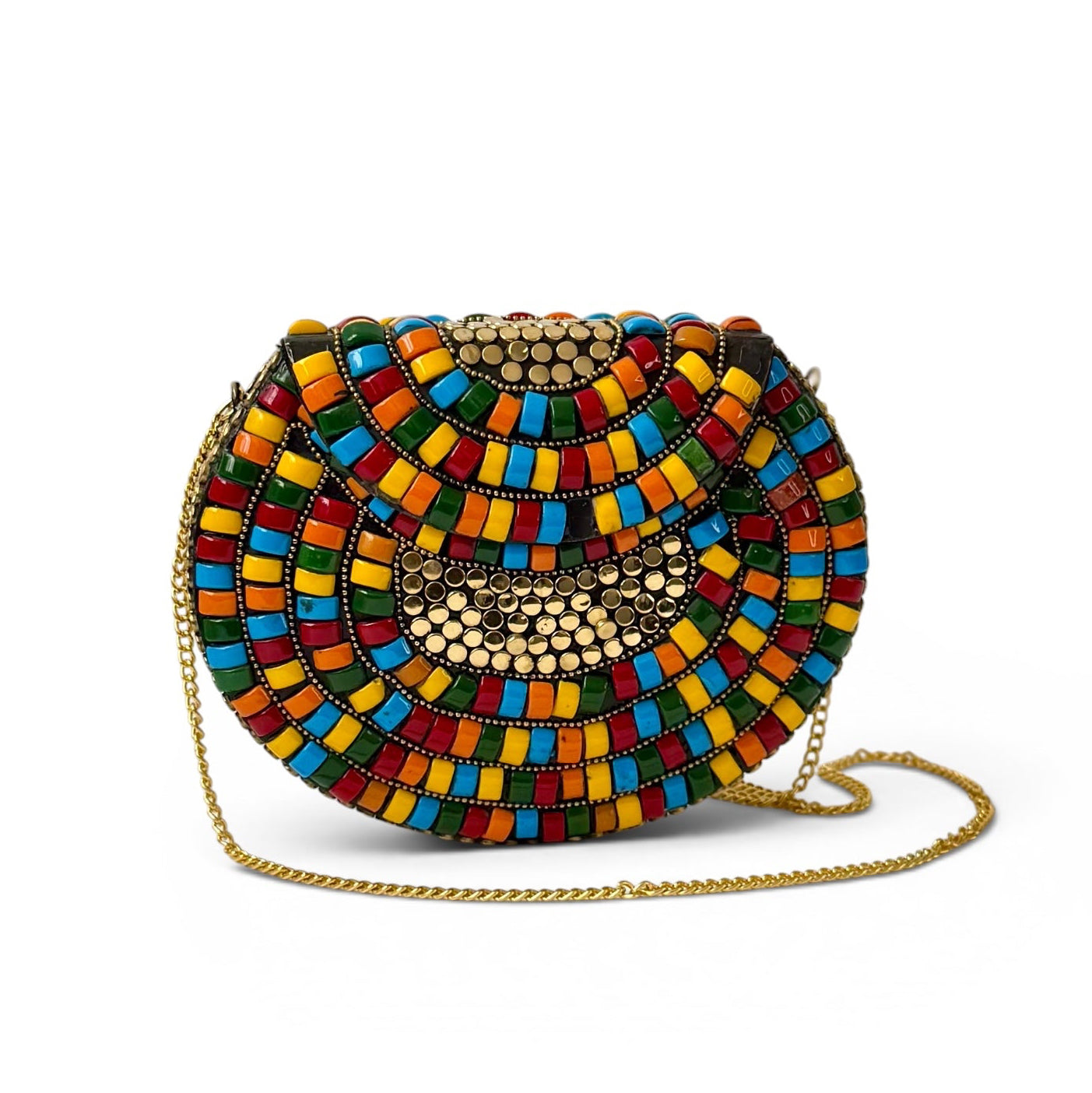 Vintage Multicolor Beaded Clutch with Gold Chain