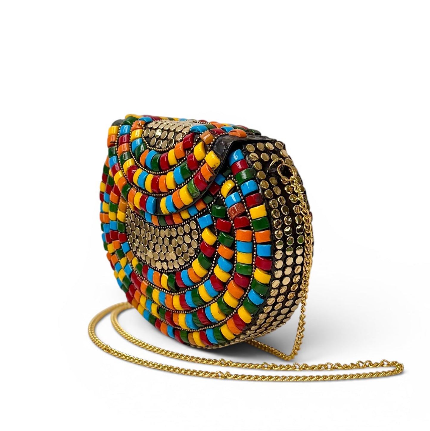Vintage Multicolor Beaded Clutch with Gold Chain