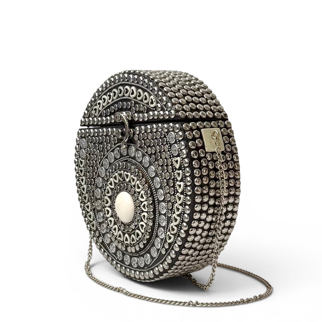 Vintage Circular Embellished Clutch with Metallic Studs