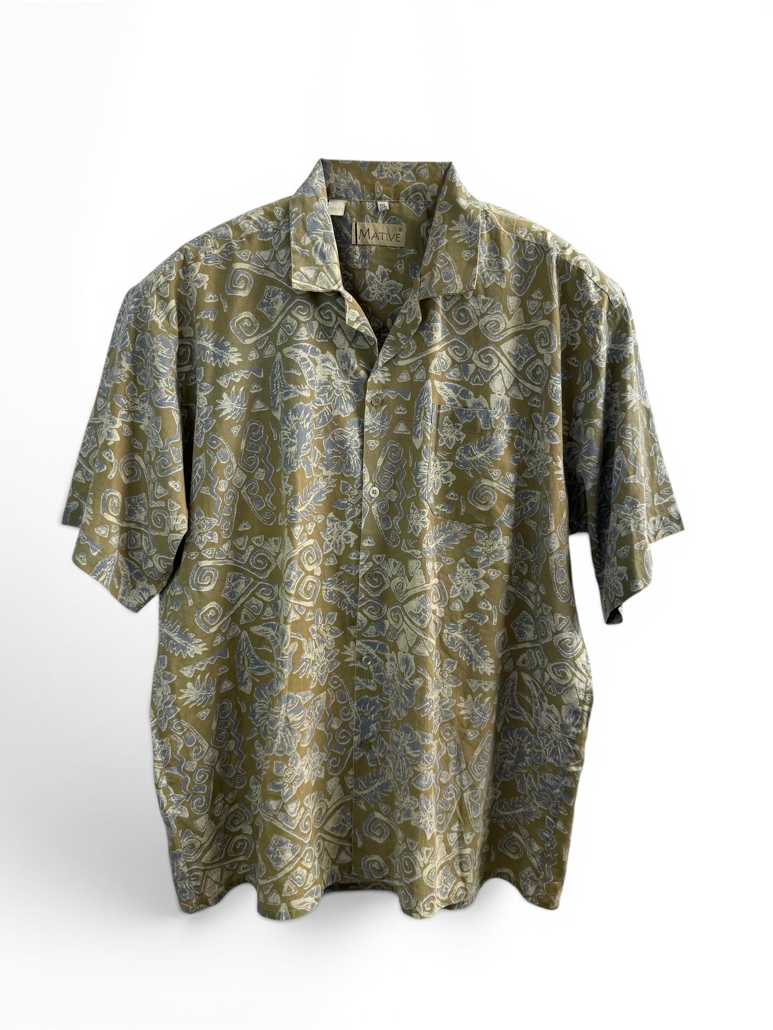 Vintage Olive Green Ethnic Print Short Sleeve Shirt