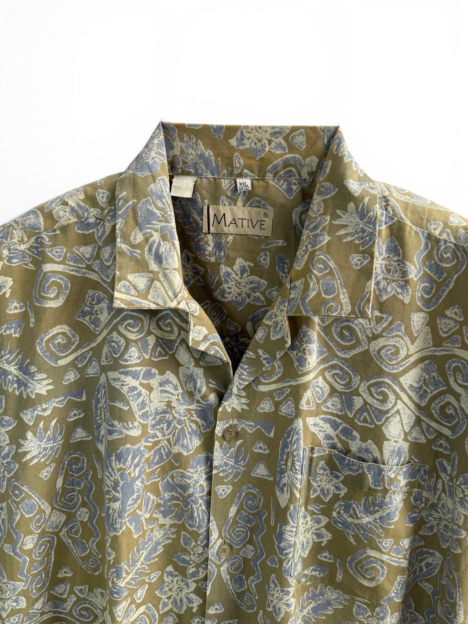 Vintage Olive Green Ethnic Print Short Sleeve Shirt