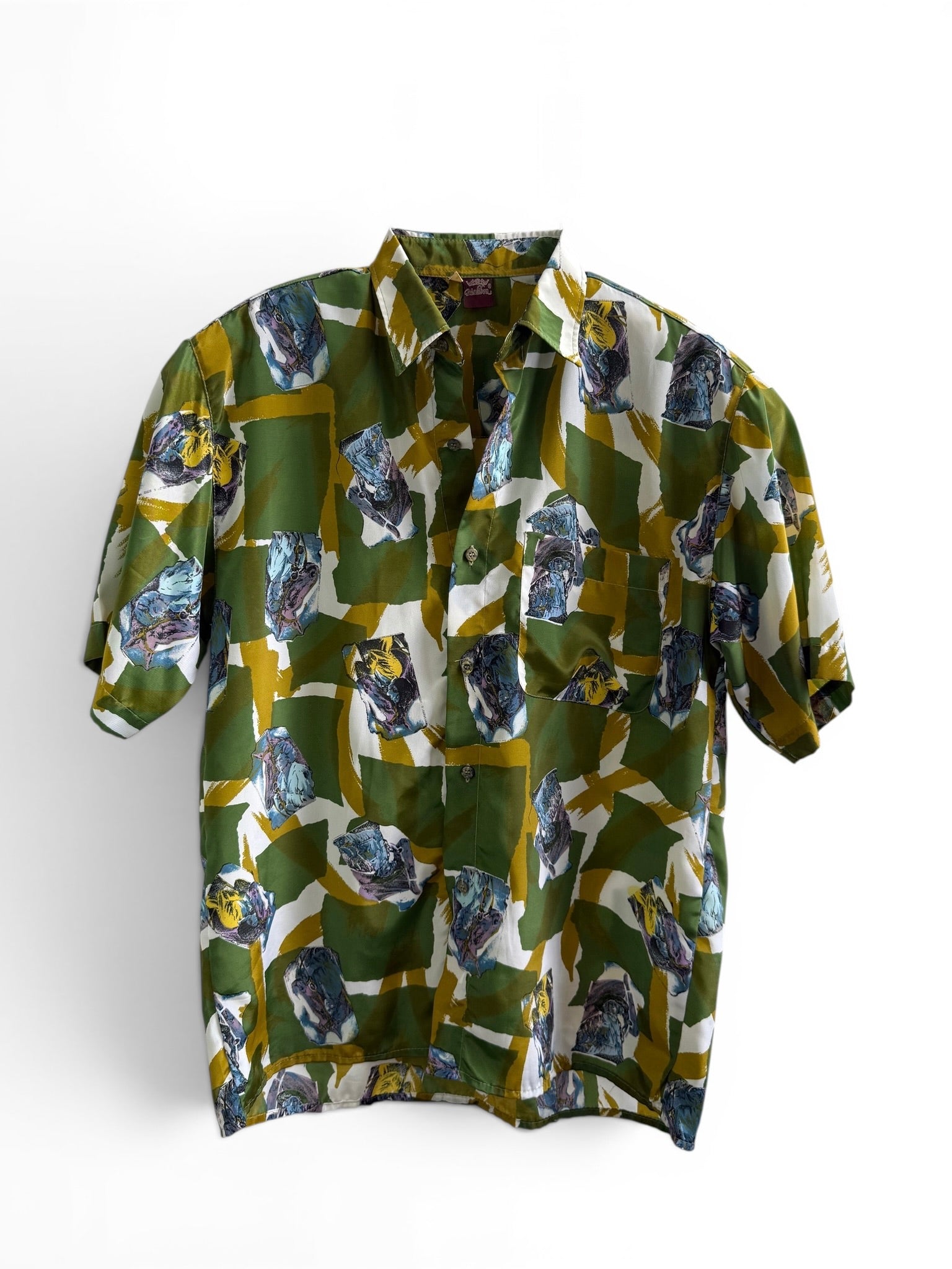 Vintage Artistic Green & Yellow Print Short Sleeve Shirt