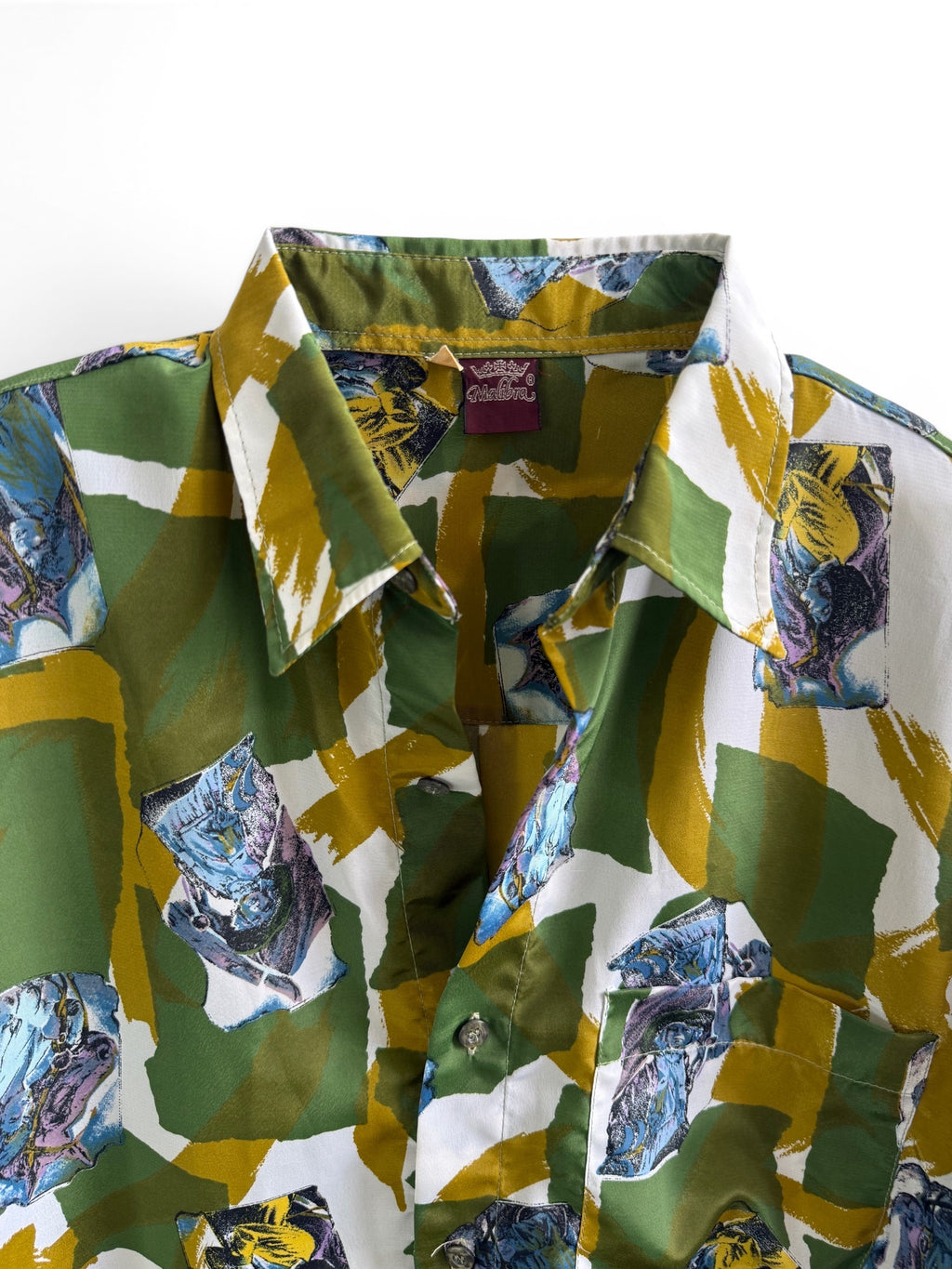 Vintage Artistic Green & Yellow Print Short Sleeve Shirt