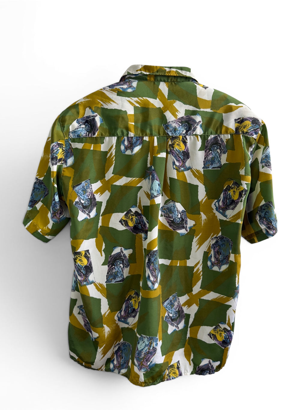 Vintage Artistic Green & Yellow Print Short Sleeve Shirt