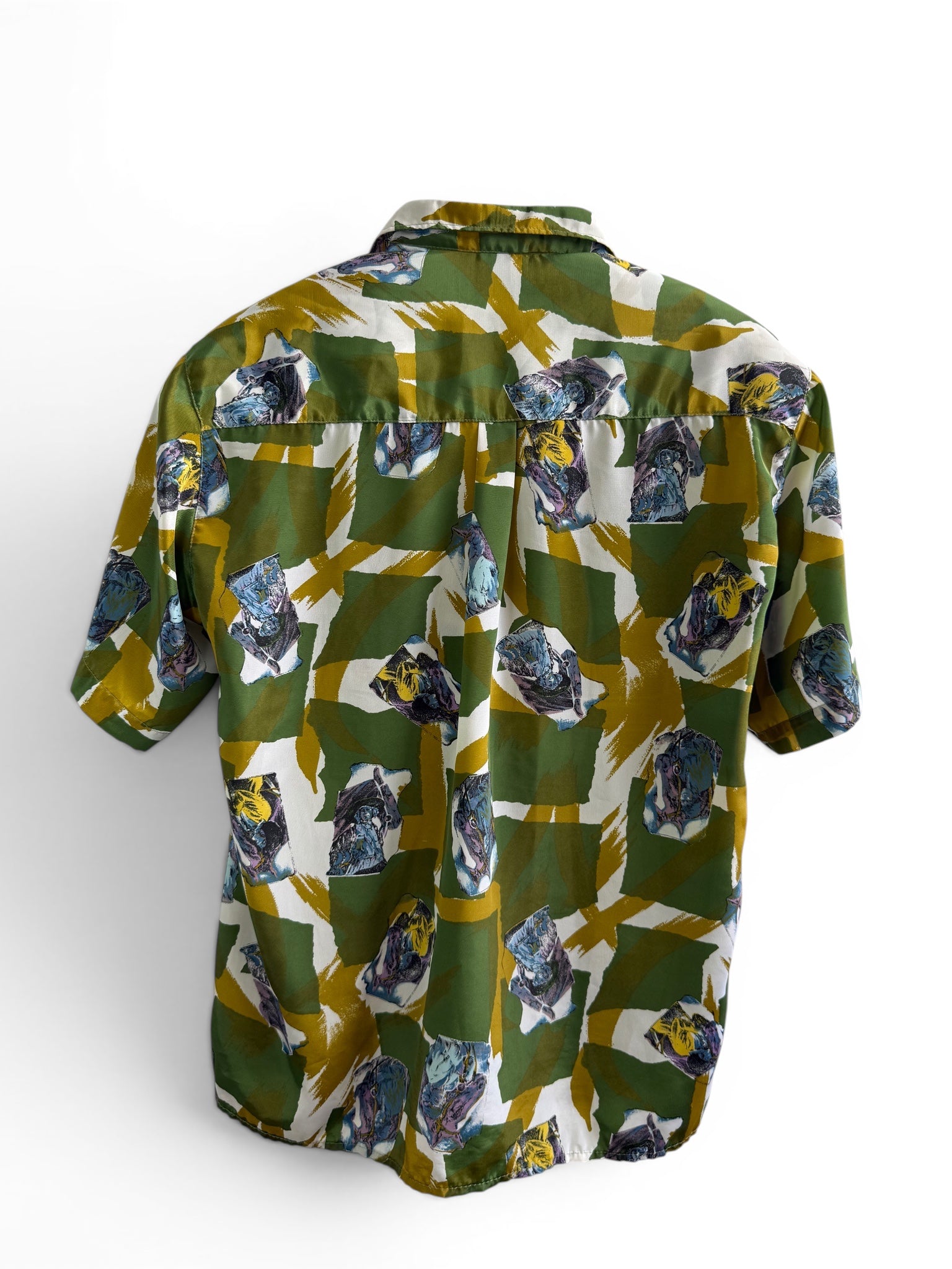 Vintage Artistic Green & Yellow Print Short Sleeve Shirt
