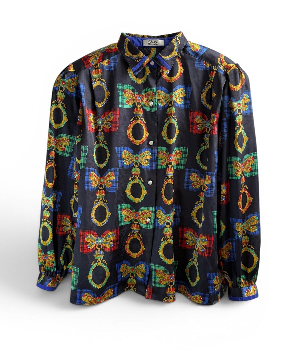 Vintage Navy Shirt with Jewel and Bow Print