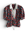 Vintage Floral Blouse with Contrast Collar and Adjustable Waist