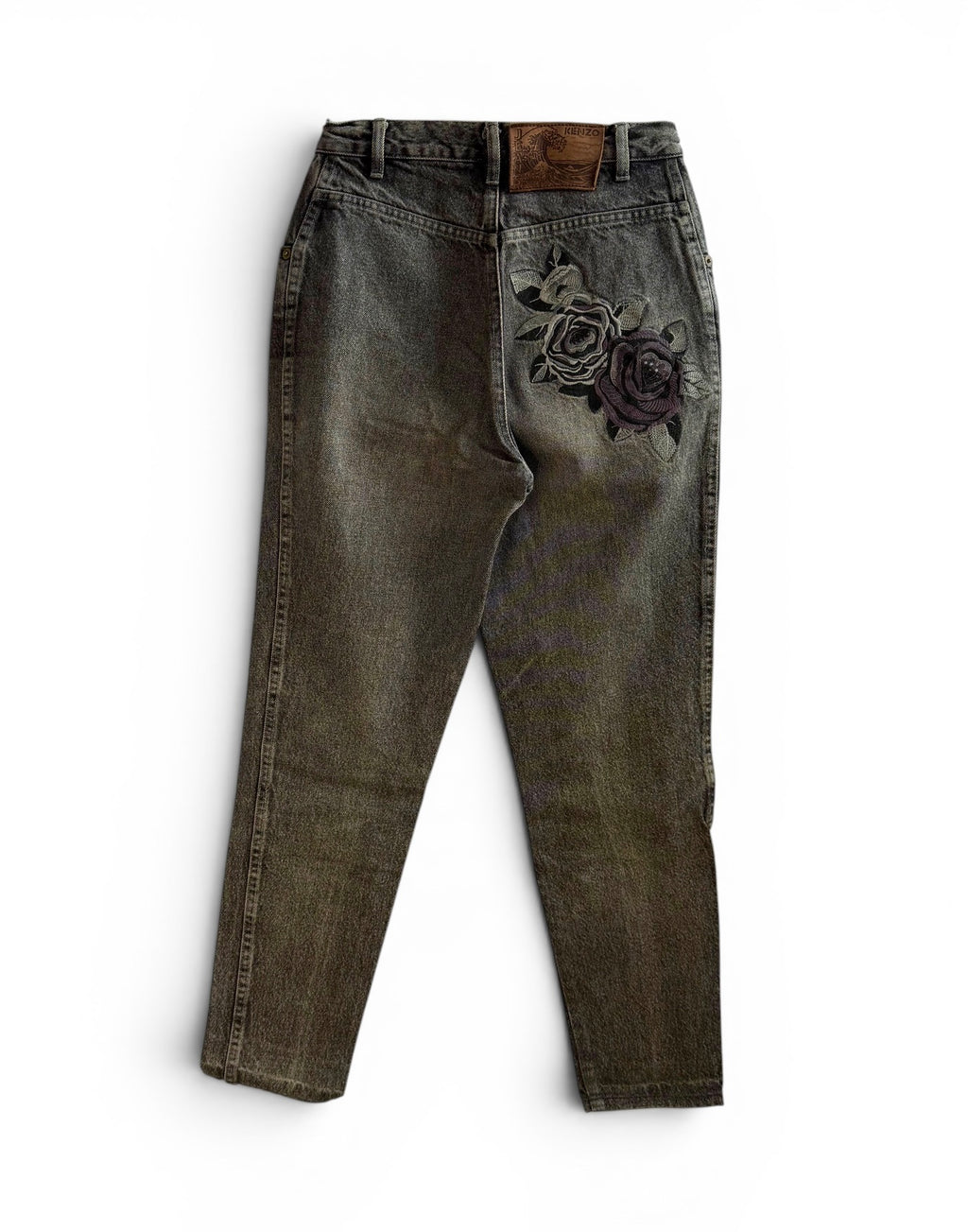 Vintage Kenzo Grey Denim Jeans with Floral Embroidery