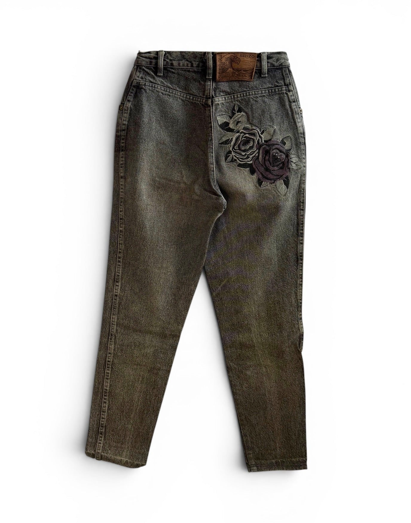 Vintage Kenzo Grey Denim Jeans with Floral Embroidery