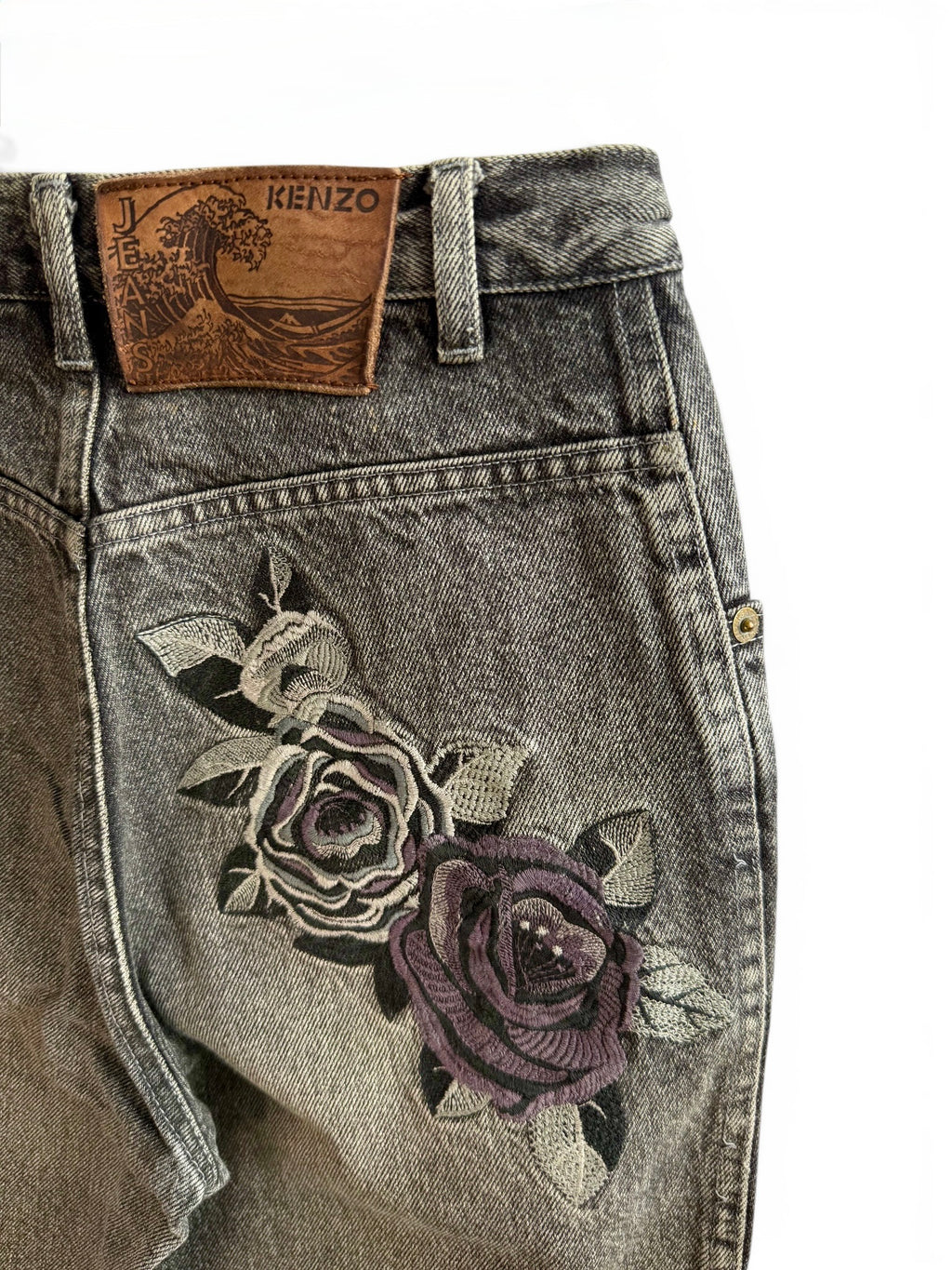 Vintage Kenzo Grey Denim Jeans with Floral Embroidery