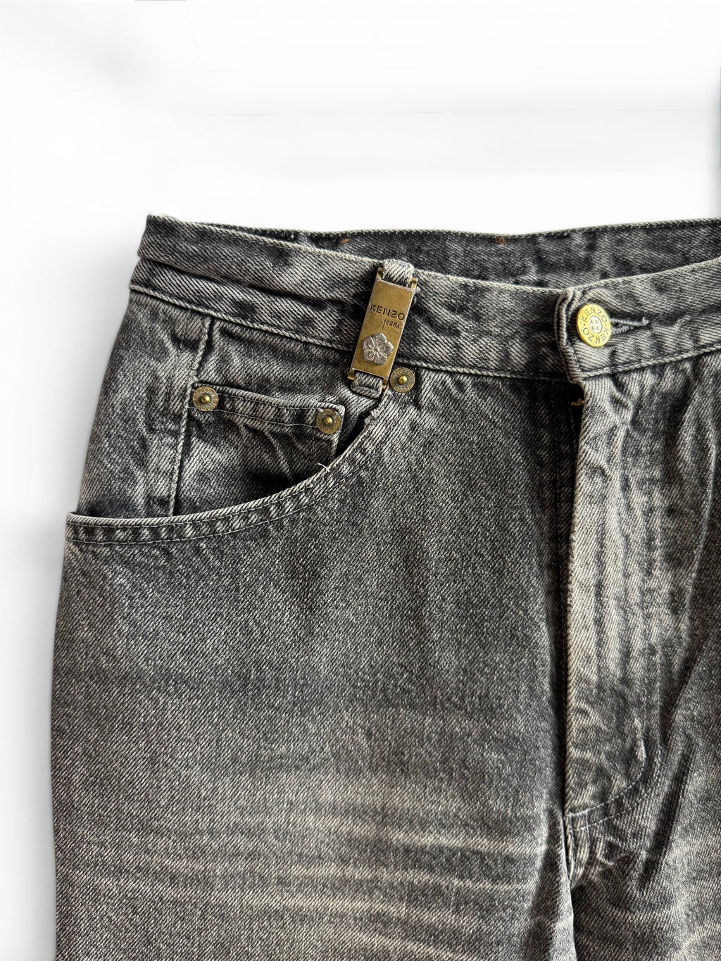 Vintage Kenzo Grey Denim Jeans with Floral Embroidery