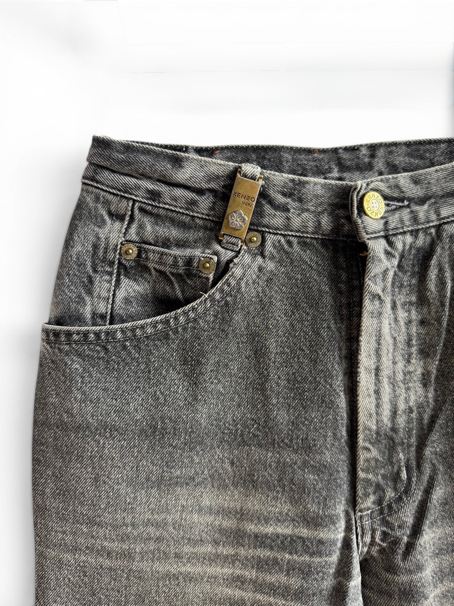 Vintage Kenzo Grey Denim Jeans with Floral Embroidery