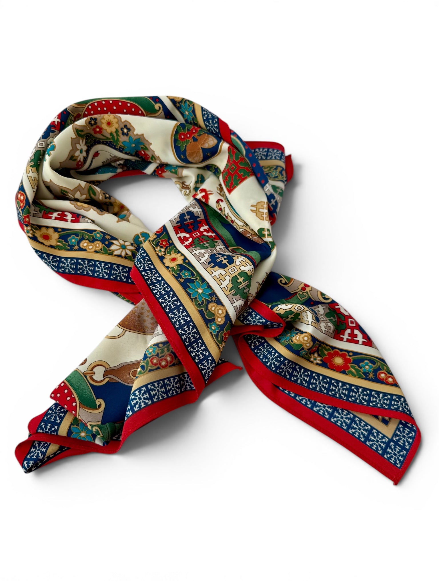 Vintage 100% Silk Scarf with Multicolor Equestrian and Folk Print