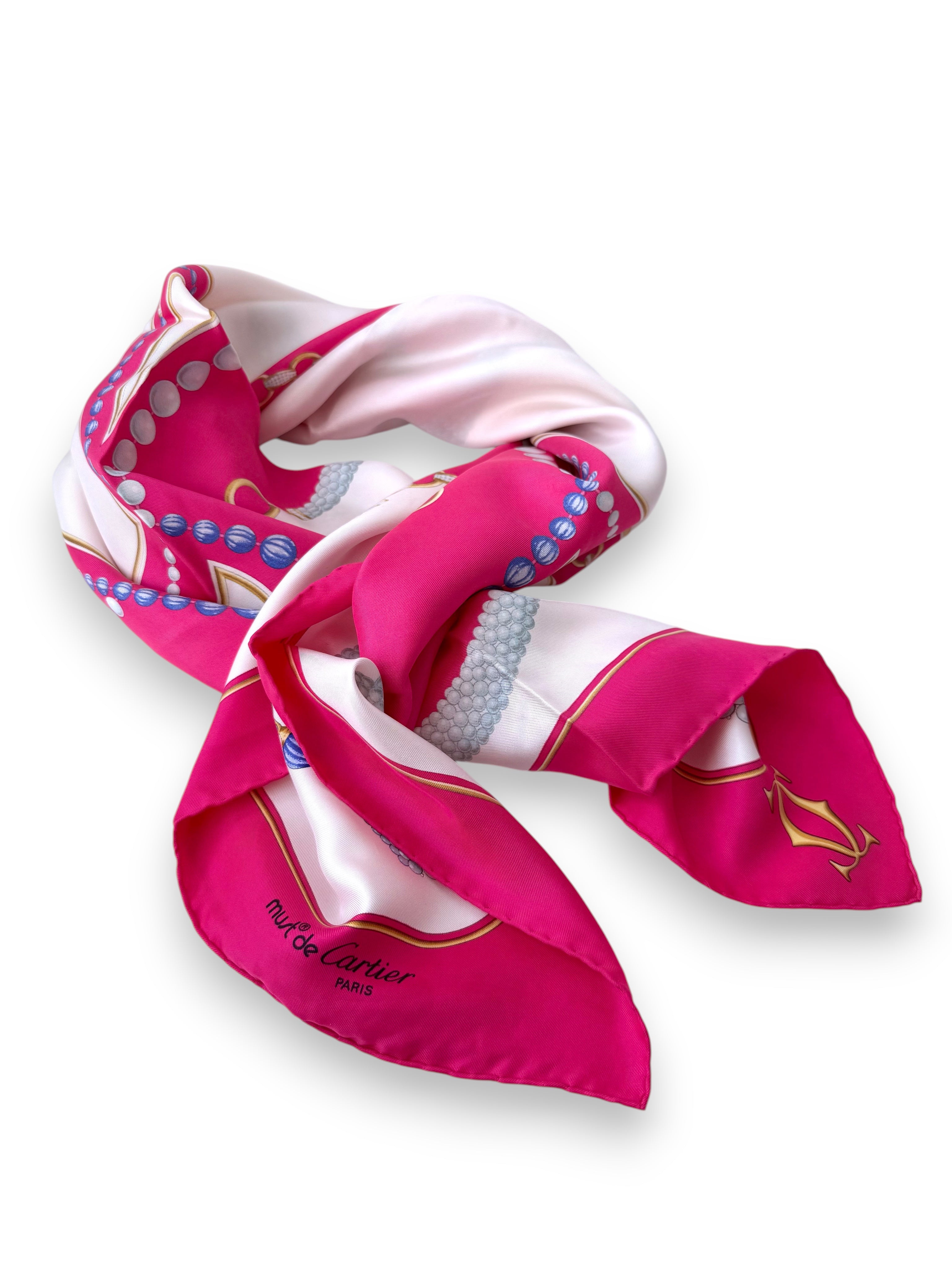 Vintage Cartier 100% Silk Scarf in Fuchsia Pink with Pearl Motif