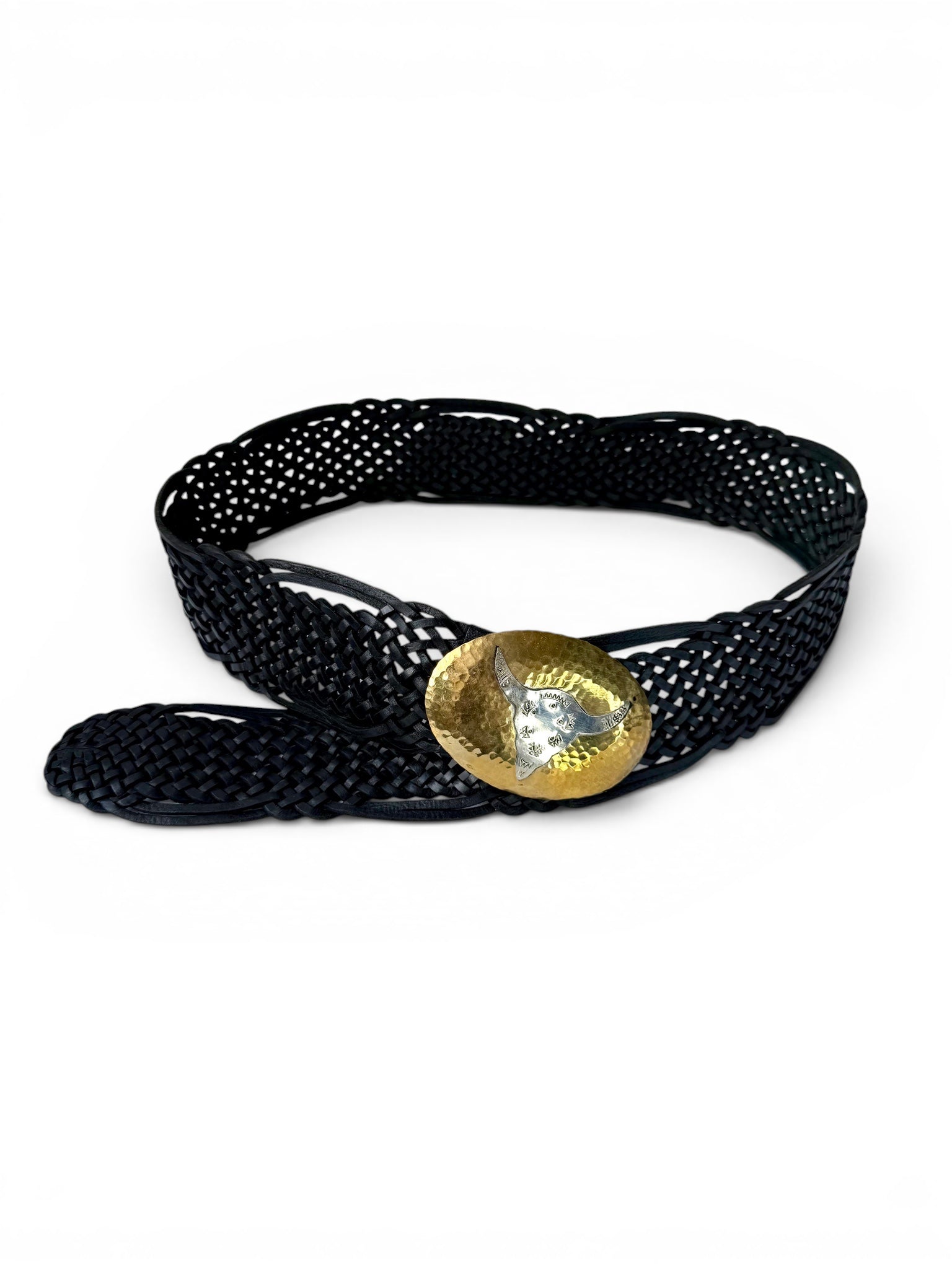 Vintage Black Braided Leather Belt with Gold Buckle