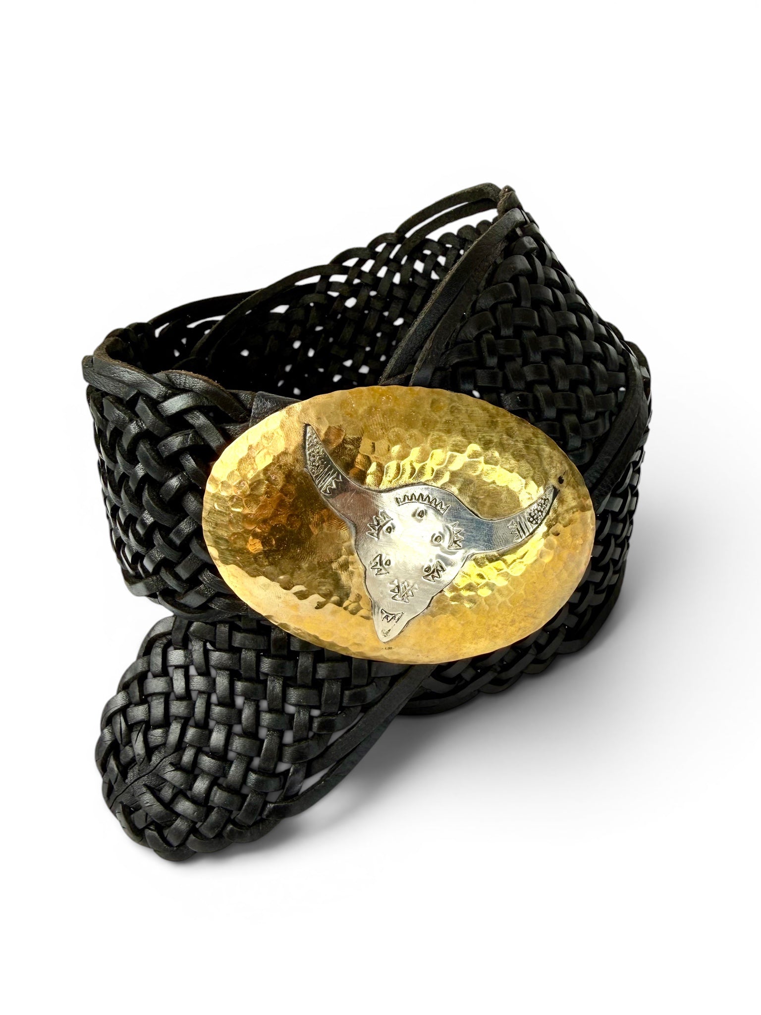 Vintage Black Braided Leather Belt with Gold Buckle