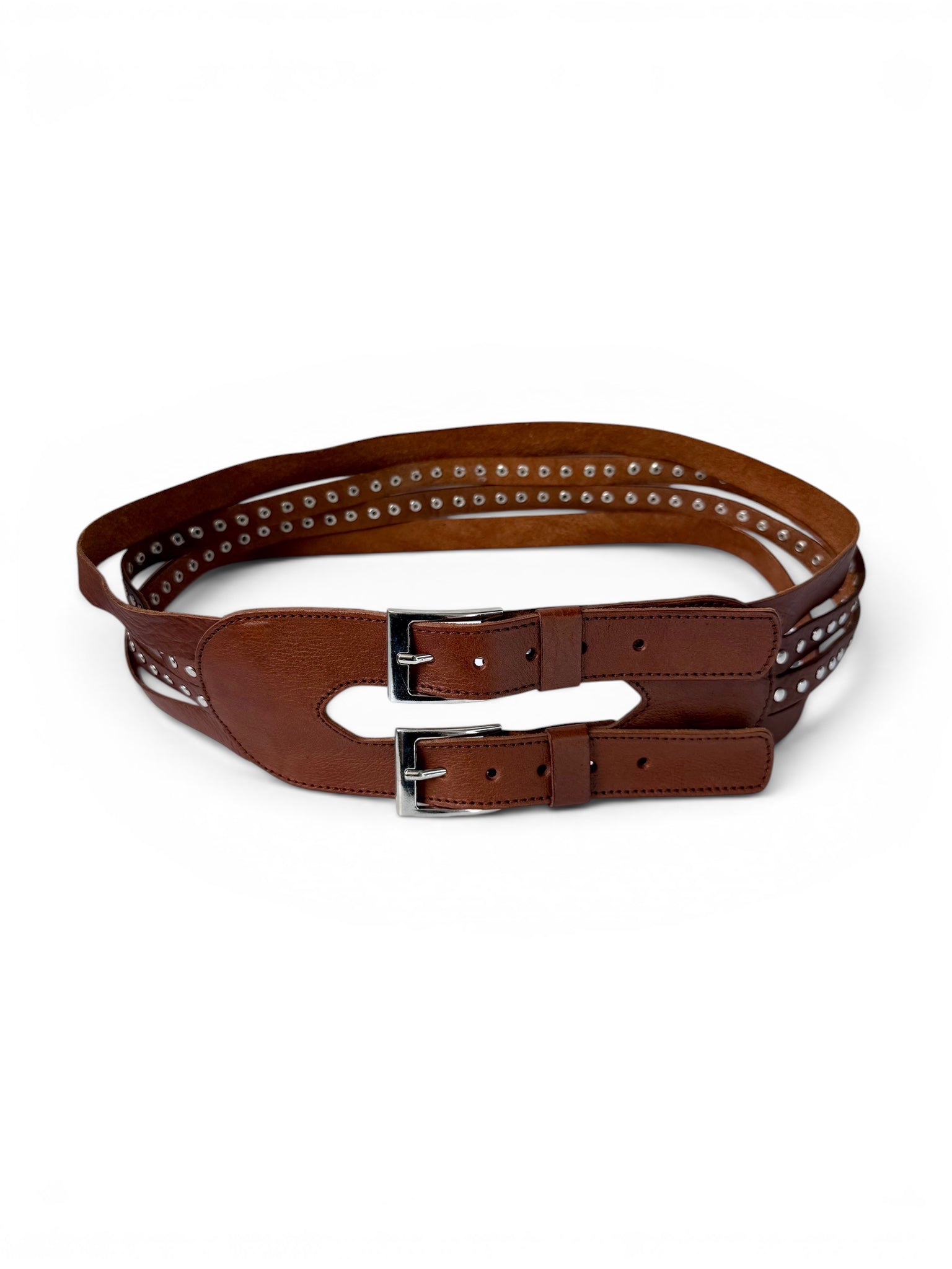 Wide Brown Leather Belt with Double Buckle and Stud Details