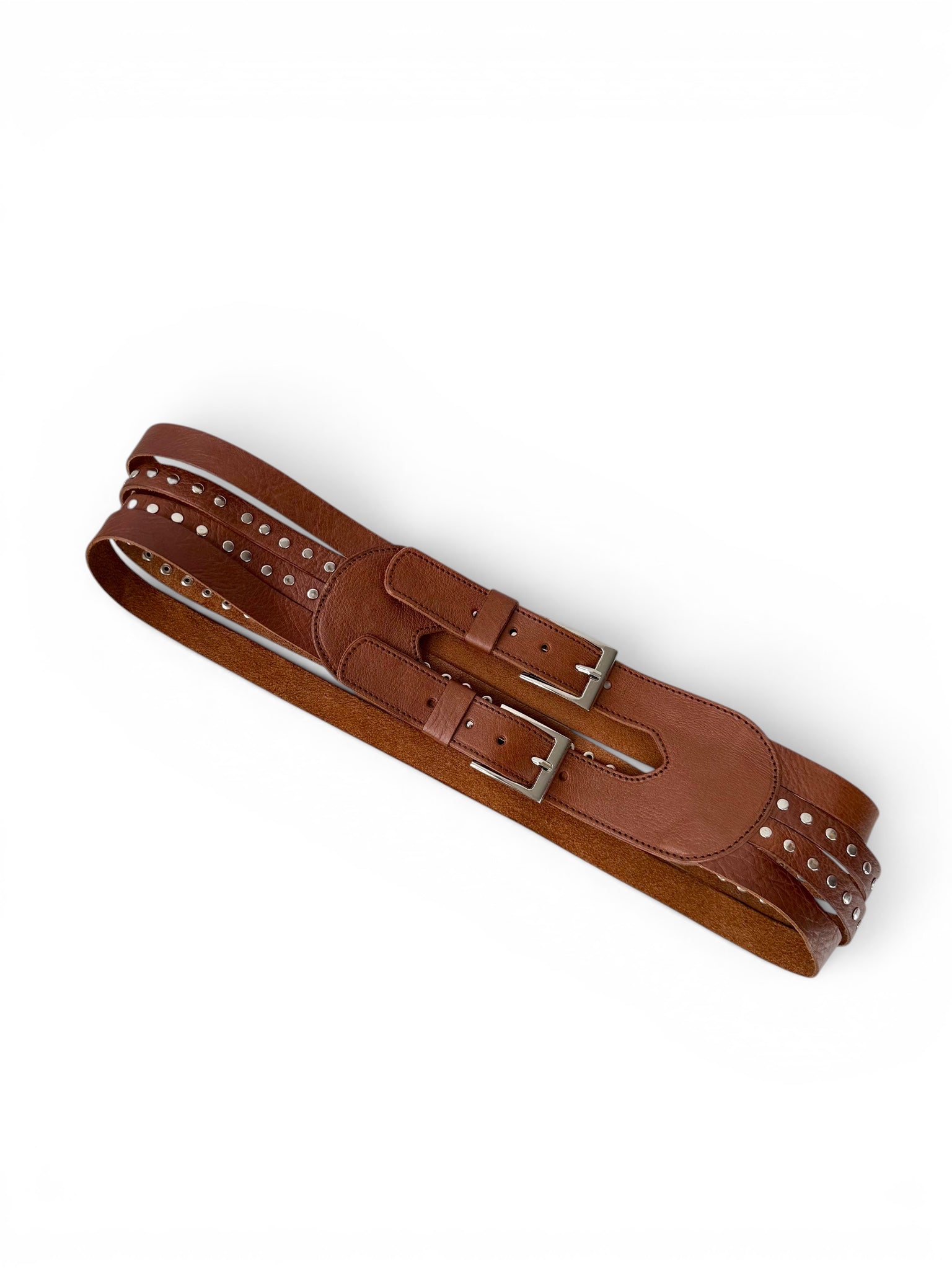 Wide Brown Leather Belt with Double Buckle and Stud Details