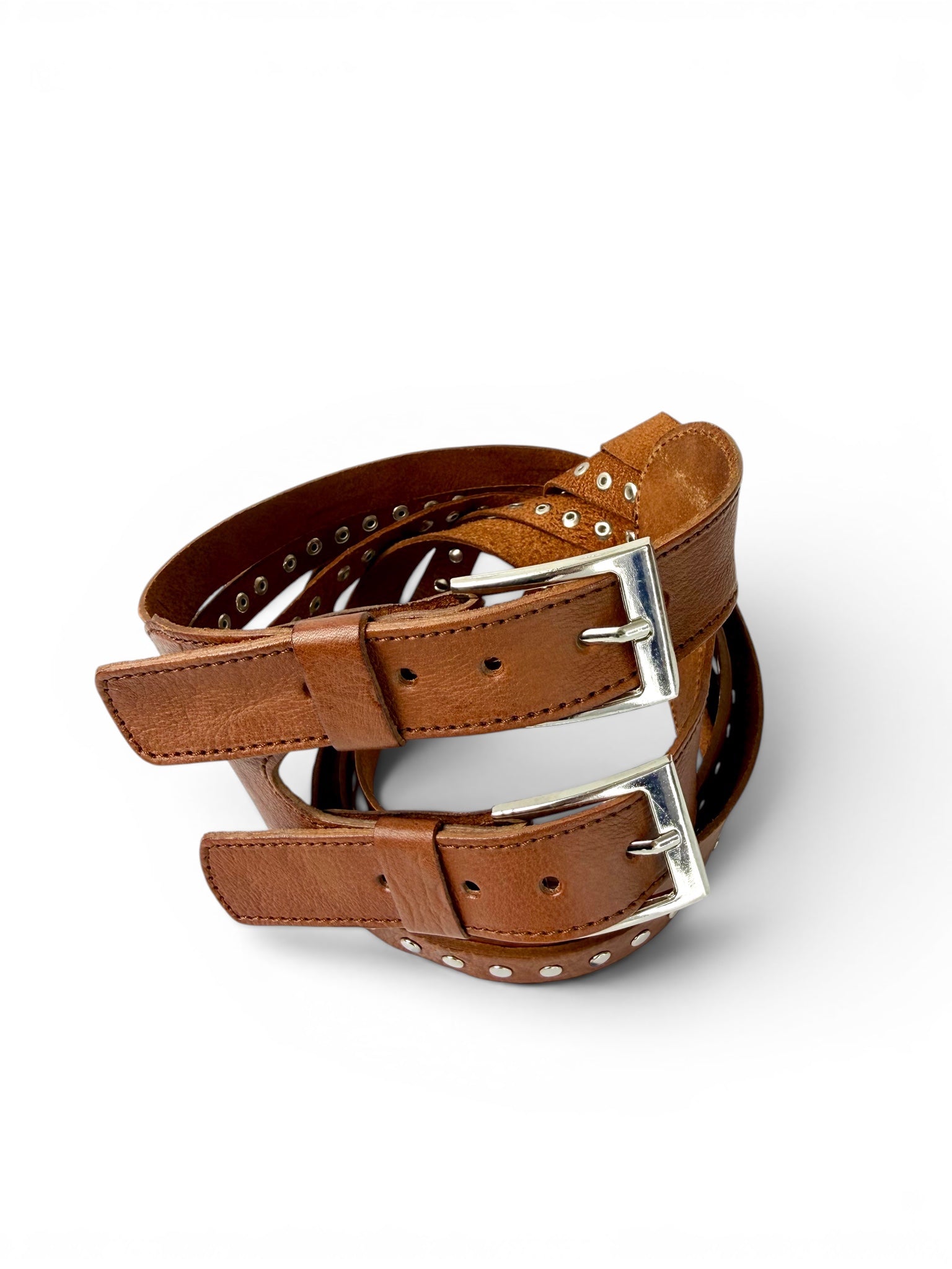 Wide Brown Leather Belt with Double Buckle and Stud Details