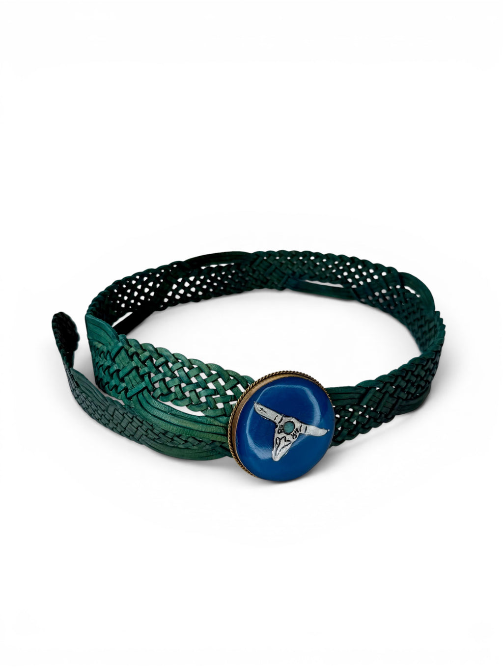 Retro Green Braided Leather Belt with Blue Decorative Buckle