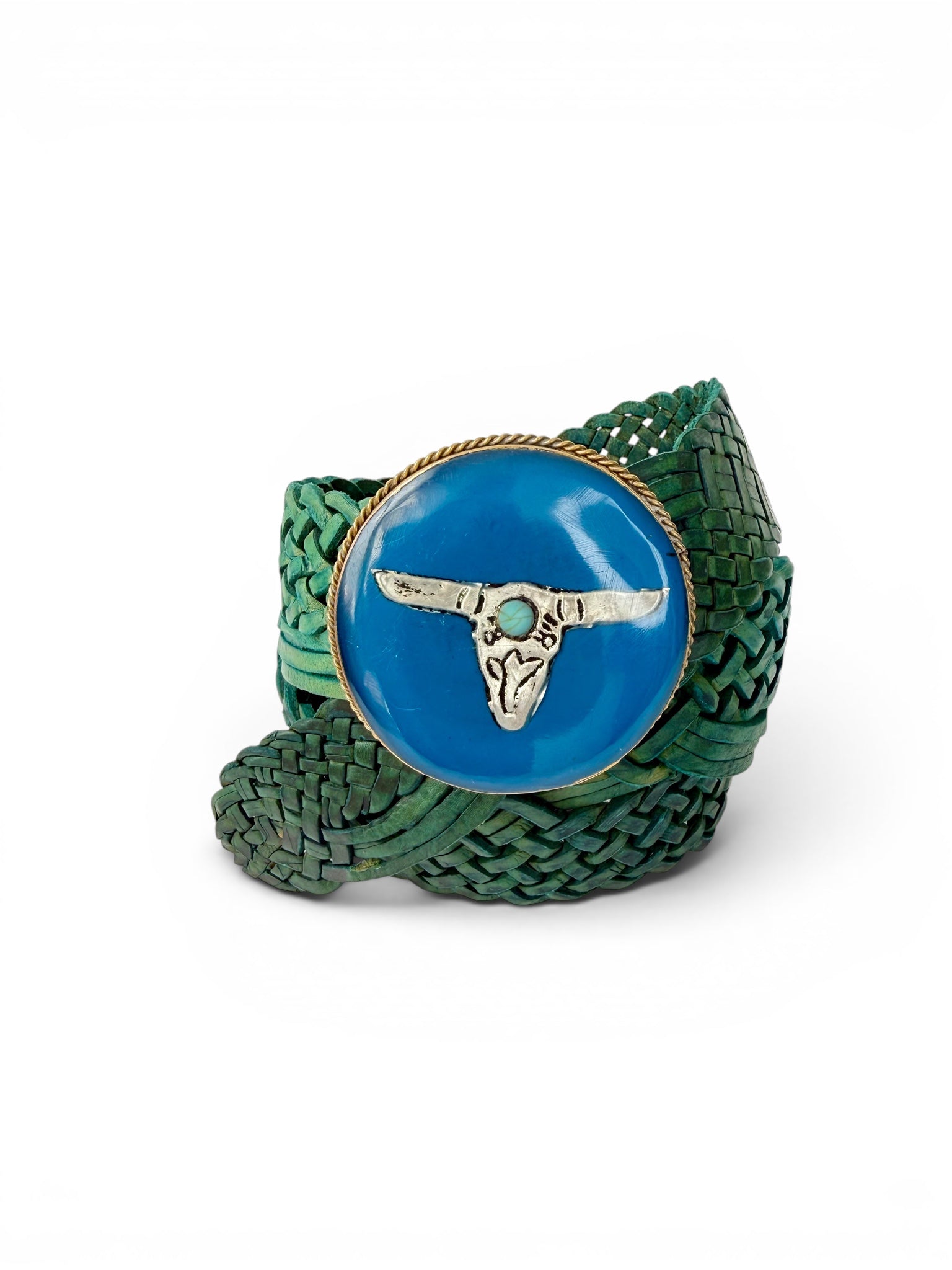 Retro Green Braided Leather Belt with Blue Decorative Buckle