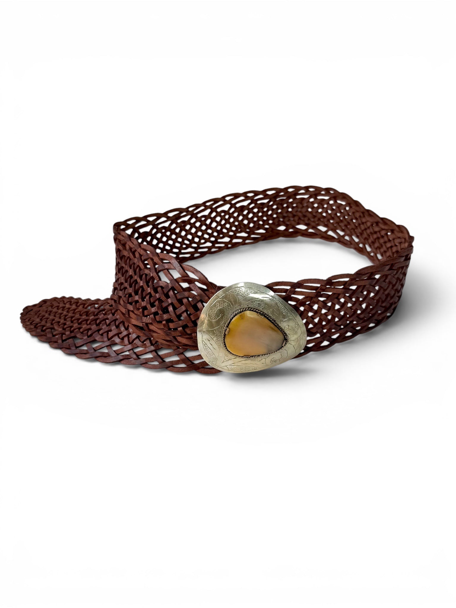 Vintage Brown Braided Leather Belt with Gold Buckle