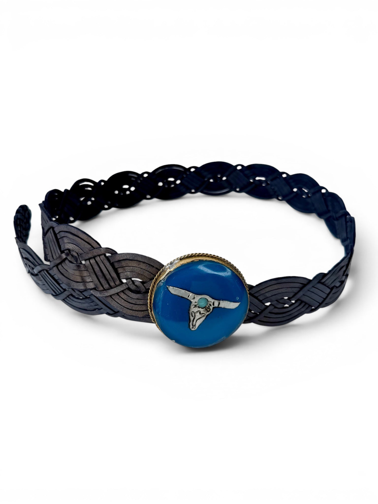 Retro Blue Braided Leather Belt with Blue Decorative Buckle