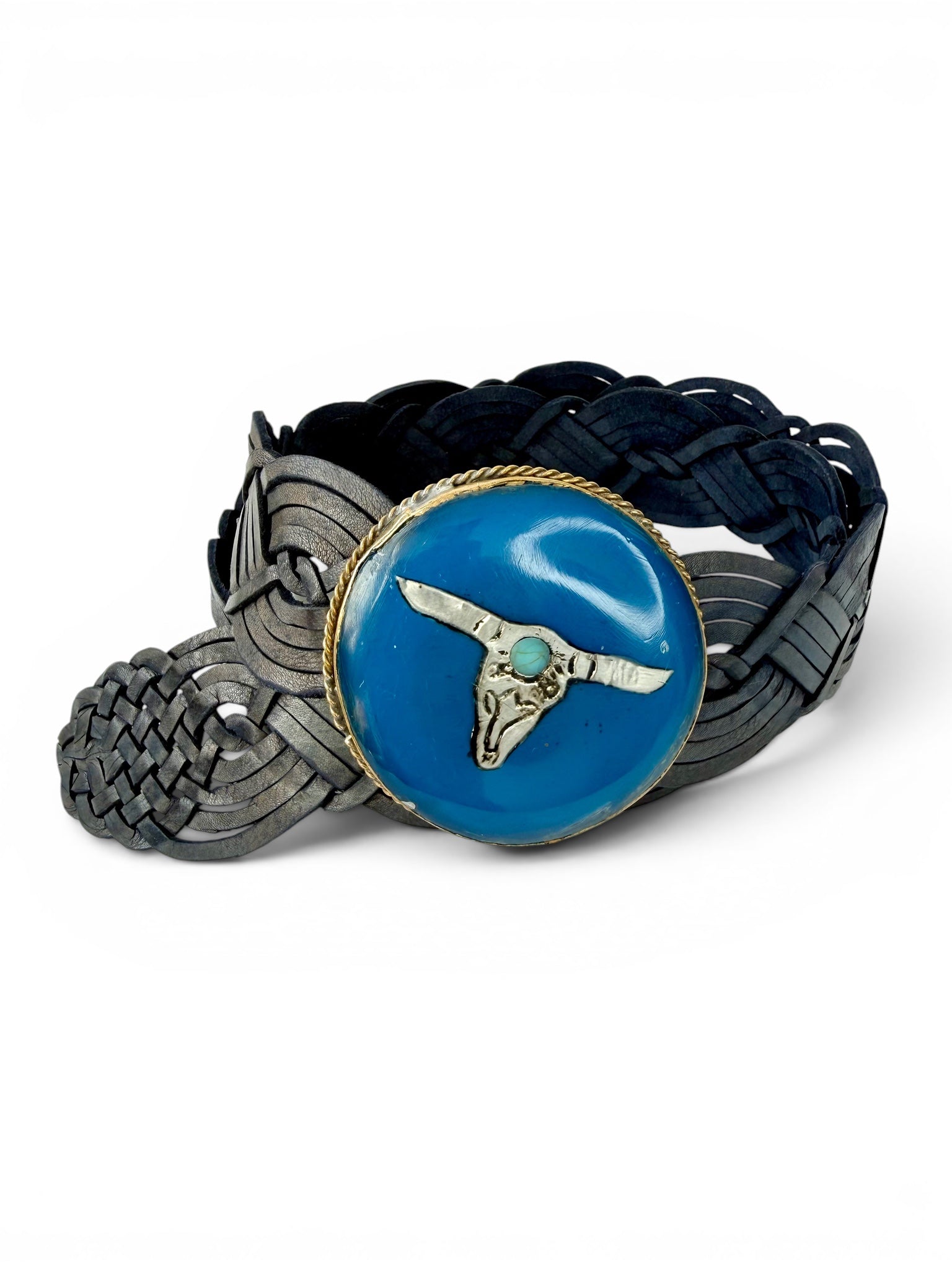 Retro Blue Braided Leather Belt with Blue Decorative Buckle