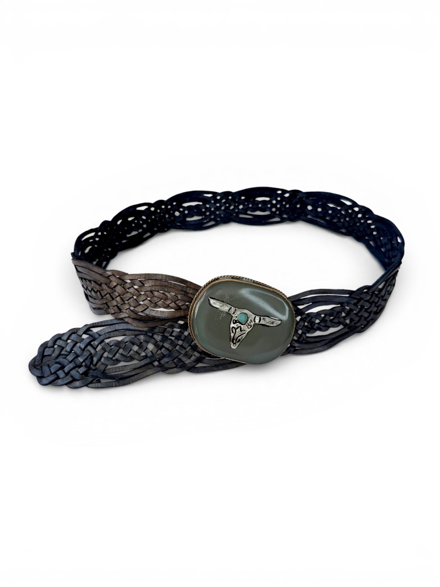 Retro Brown Braided Leather Belt with Grey Decorative Buckle