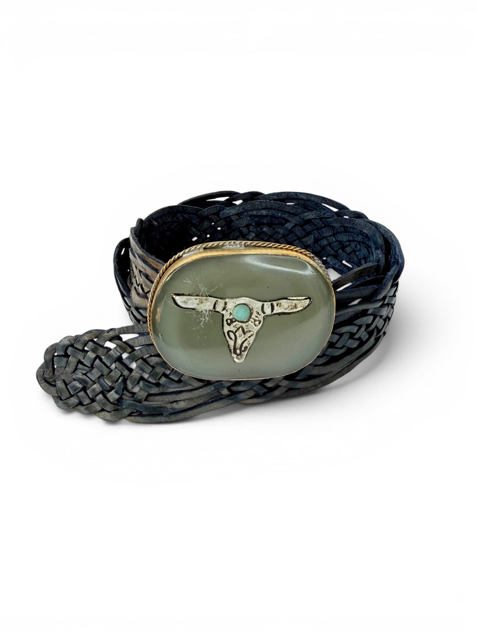 Retro Brown Braided Leather Belt with Grey Decorative Buckle