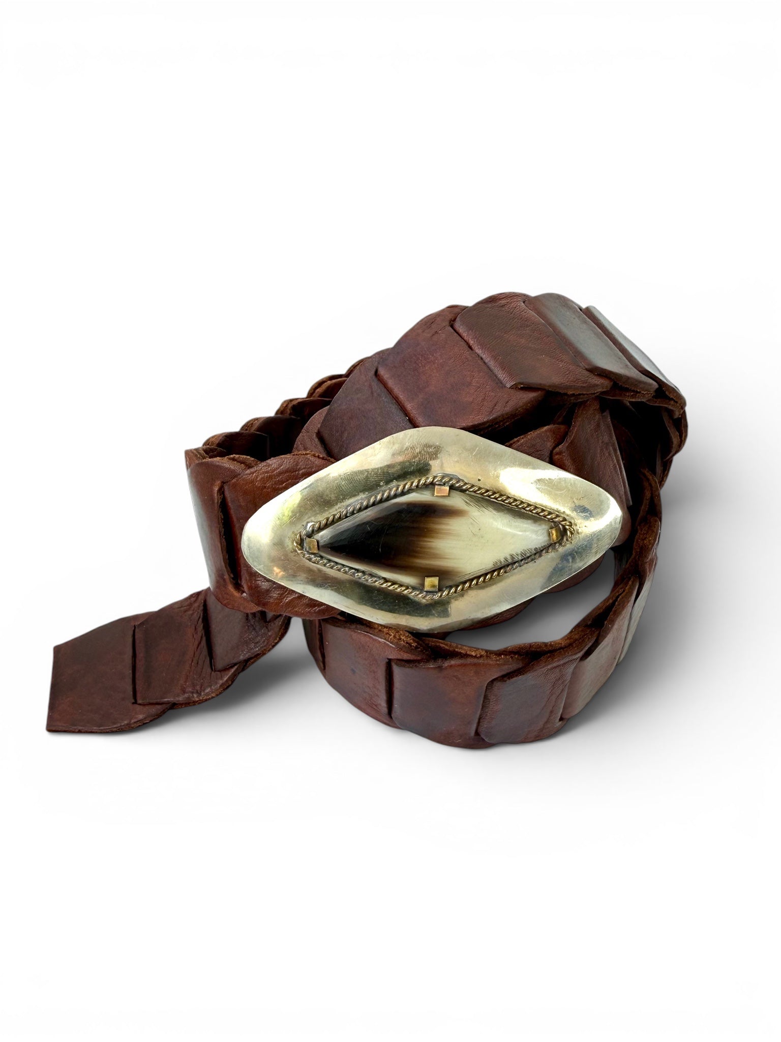 Vintage Brown Braided Leather Belt with Decorative Metallic Buckle