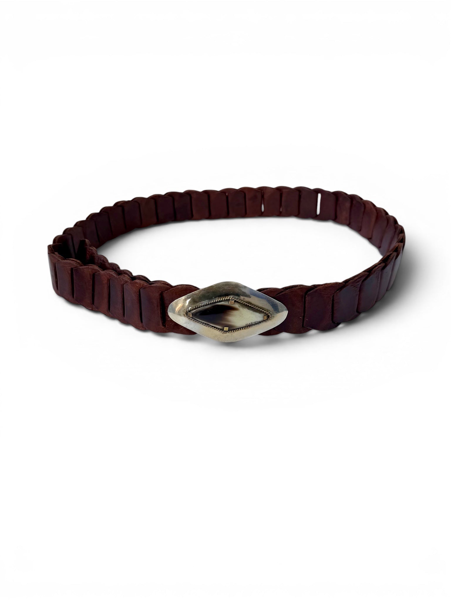 Vintage Brown Braided Leather Belt with Decorative Metallic Buckle