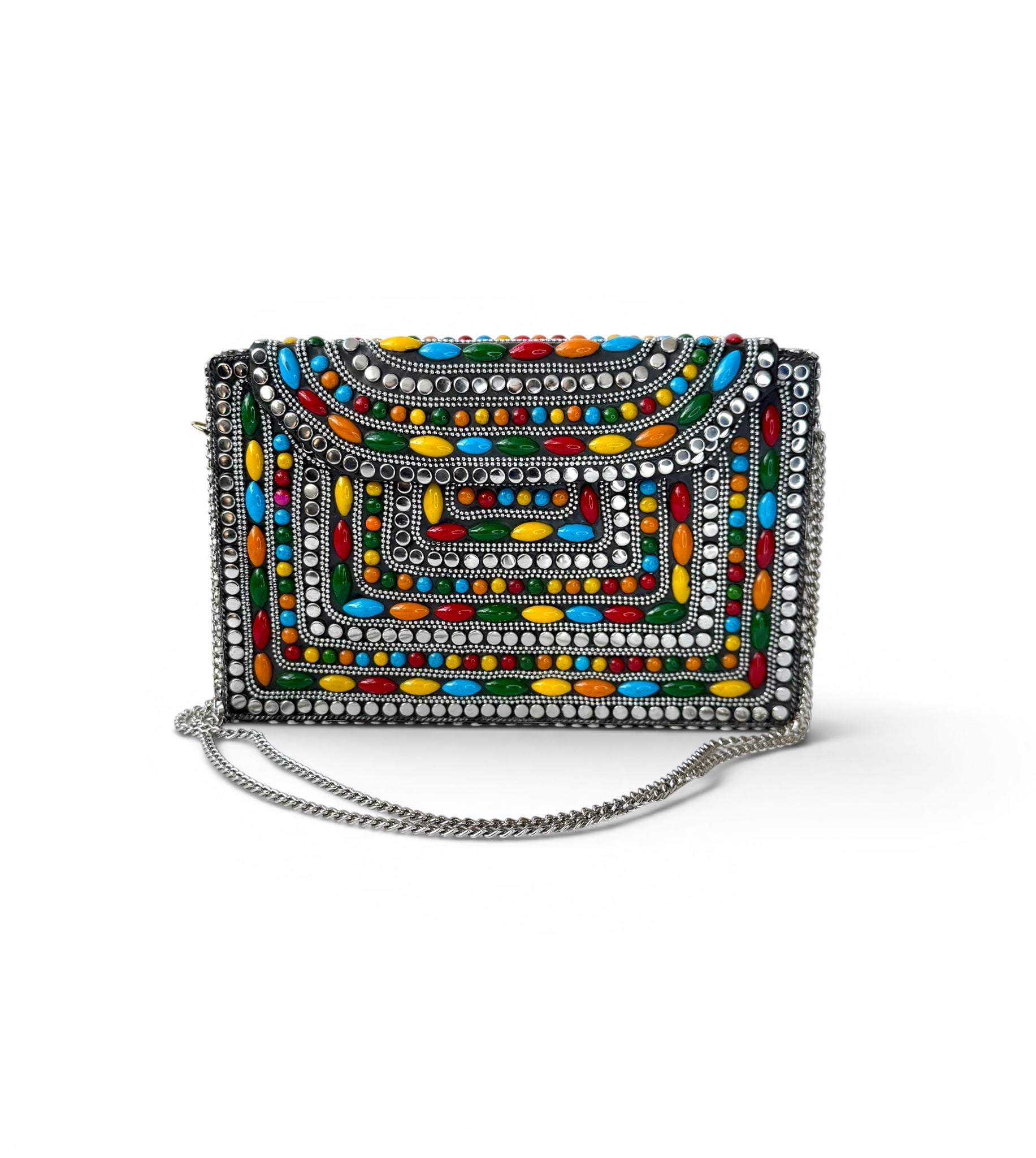 Multicolor Beaded Clutch with Silver Chain
