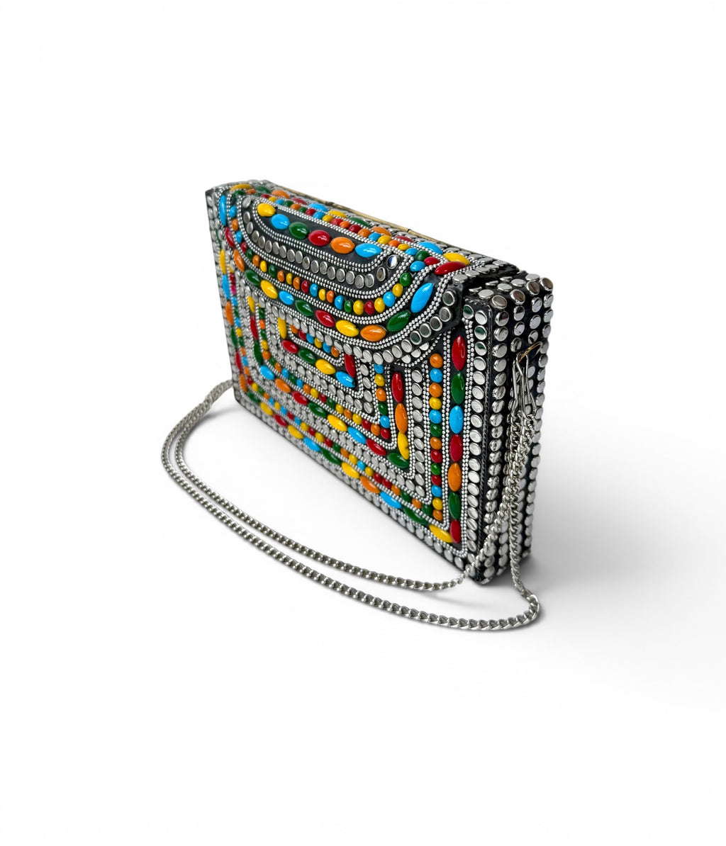 Multicolor Beaded Clutch with Silver Chain