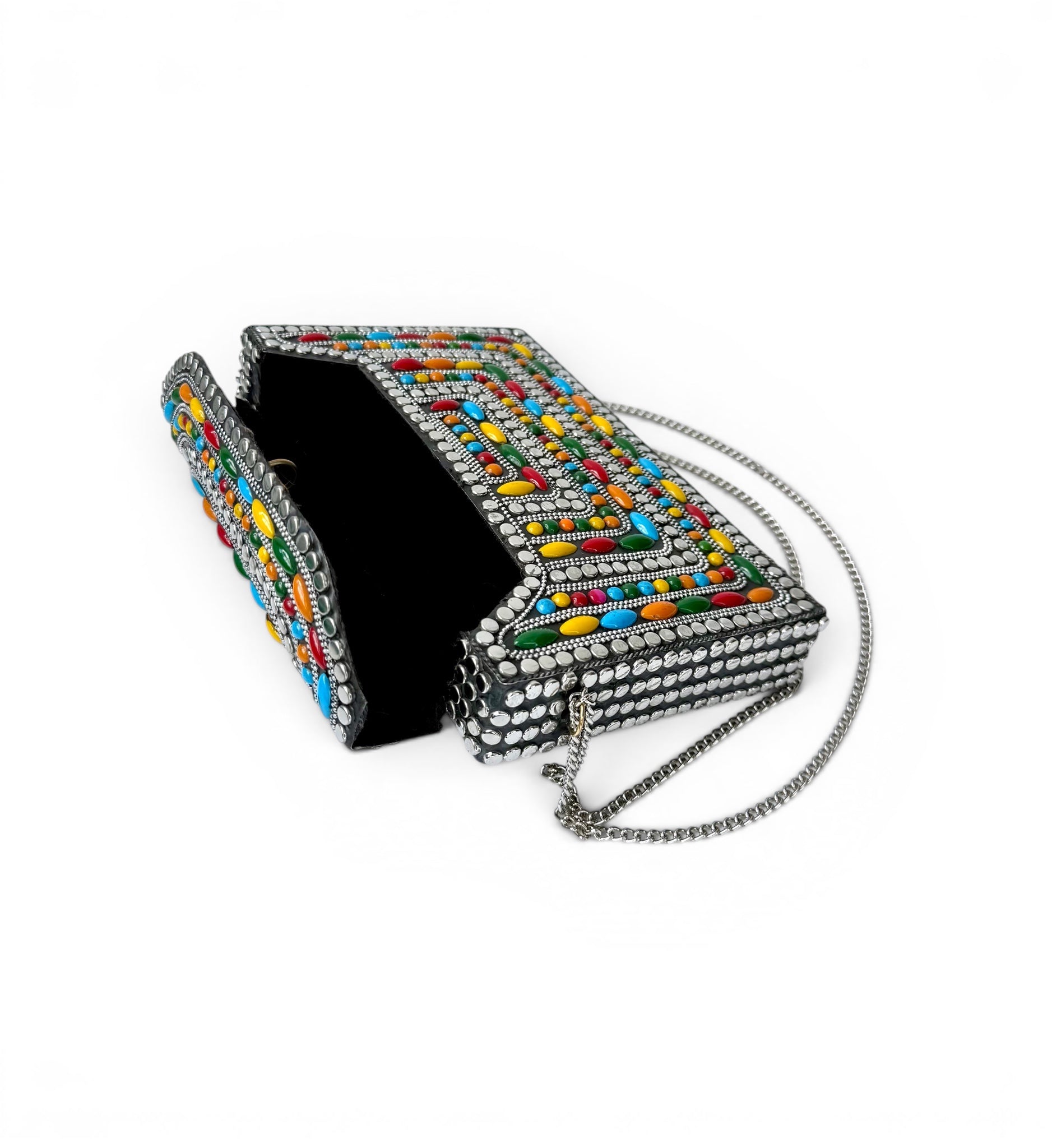 Multicolor Beaded Clutch with Silver Chain