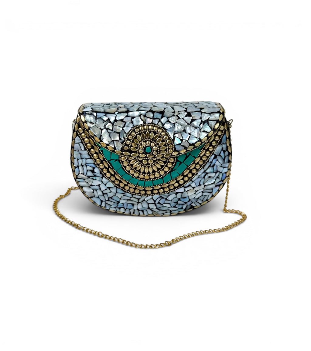 Mother-of-Pearl Clutch with Turquoise Details and Gold Chain
