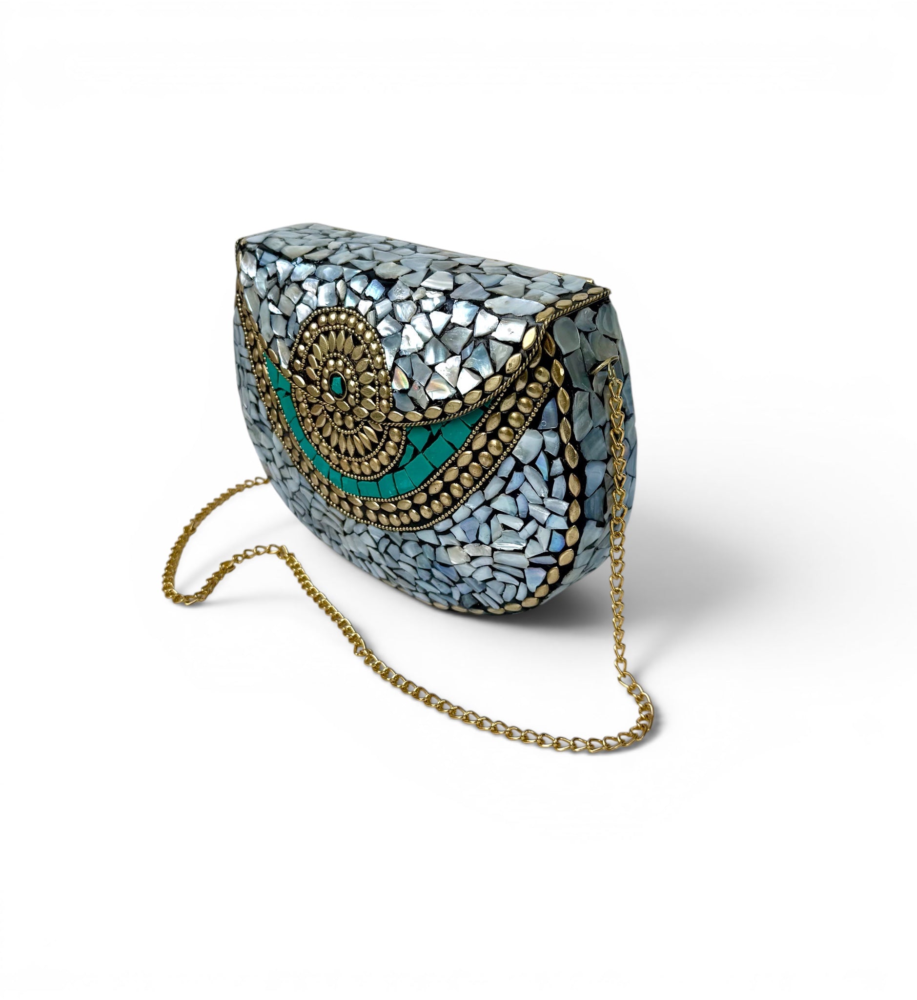 Mother-of-Pearl Clutch with Turquoise Details and Gold Chain