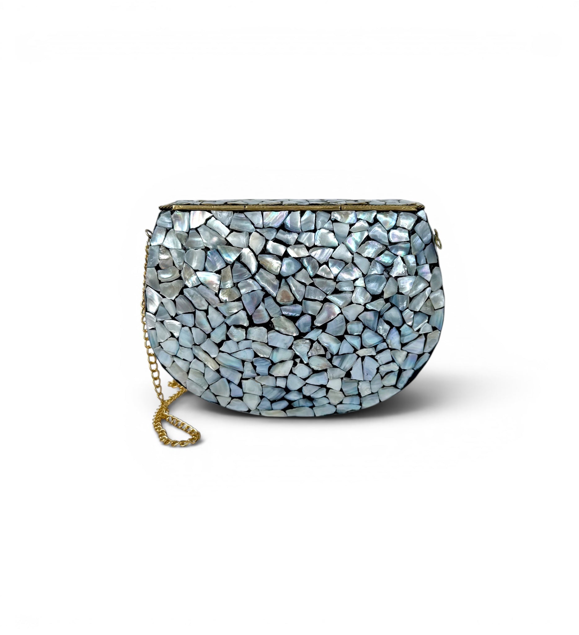 Mother-of-Pearl Clutch with Turquoise Details and Gold Chain