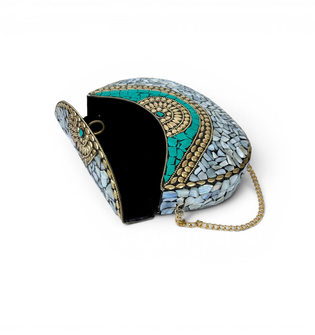 Mother-of-Pearl Clutch with Turquoise Details and Gold Chain